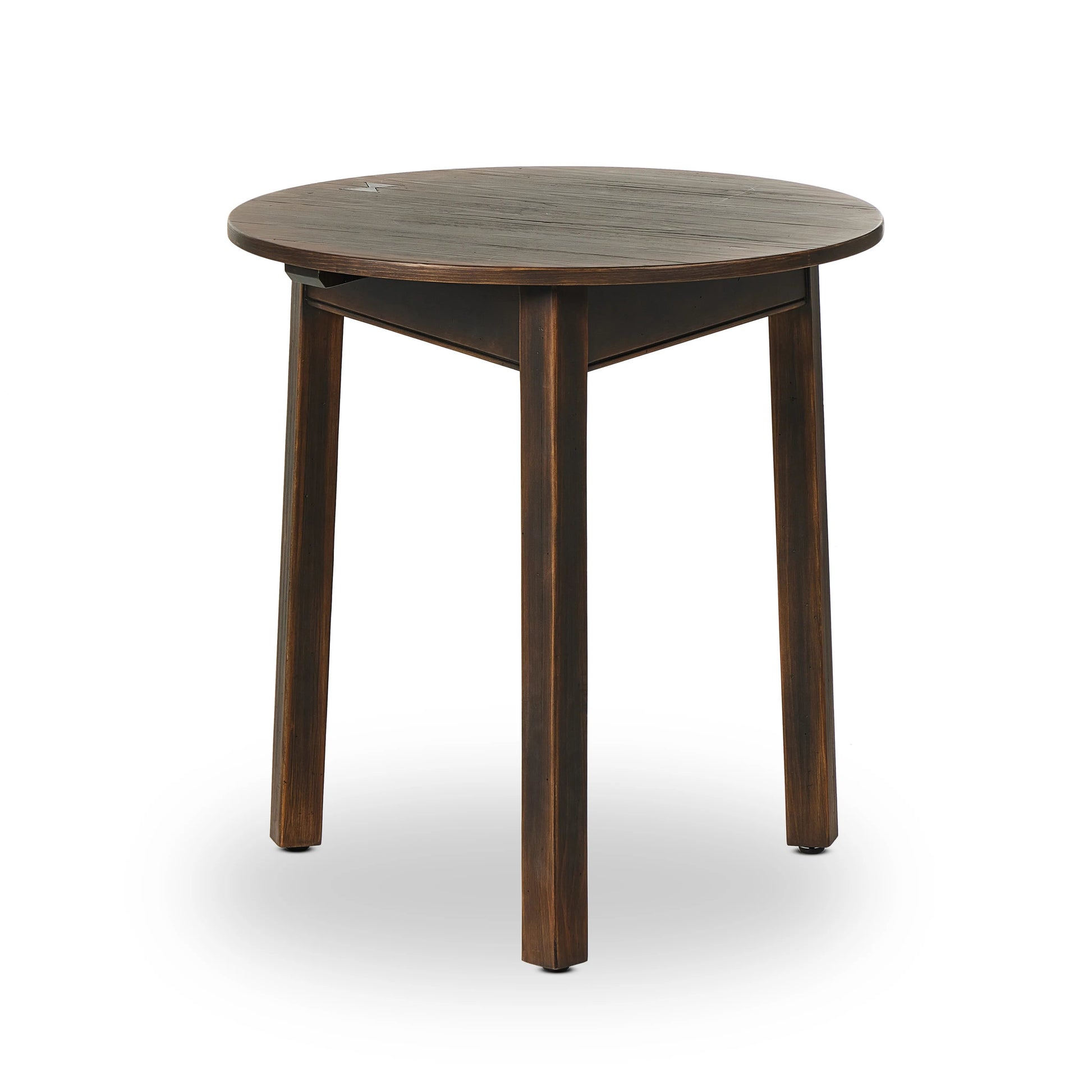Brown-finished pine forms a versatile three-legged end table with a playful feel. By the makers at Van Thiel, known for their antique-inspired pieces and hand-applied finishes.Collection: Van Thie Amethyst Home provides interior design, new home construction design consulting, vintage area rugs, and lighting in the Charlotte metro area.