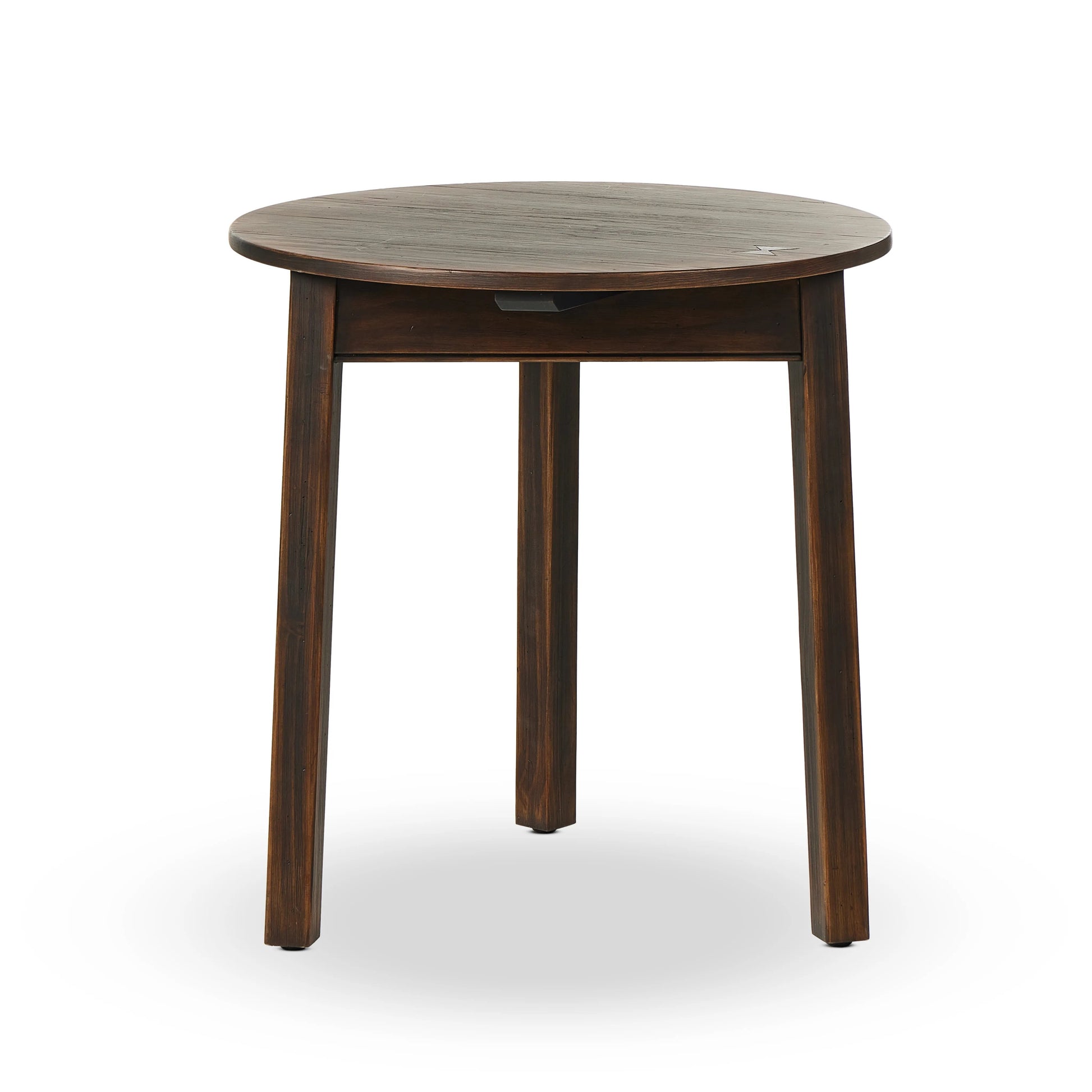 Brown-finished pine forms a versatile three-legged end table with a playful feel. By the makers at Van Thiel, known for their antique-inspired pieces and hand-applied finishes.Collection: Van Thie Amethyst Home provides interior design, new home construction design consulting, vintage area rugs, and lighting in the Dallas metro area.