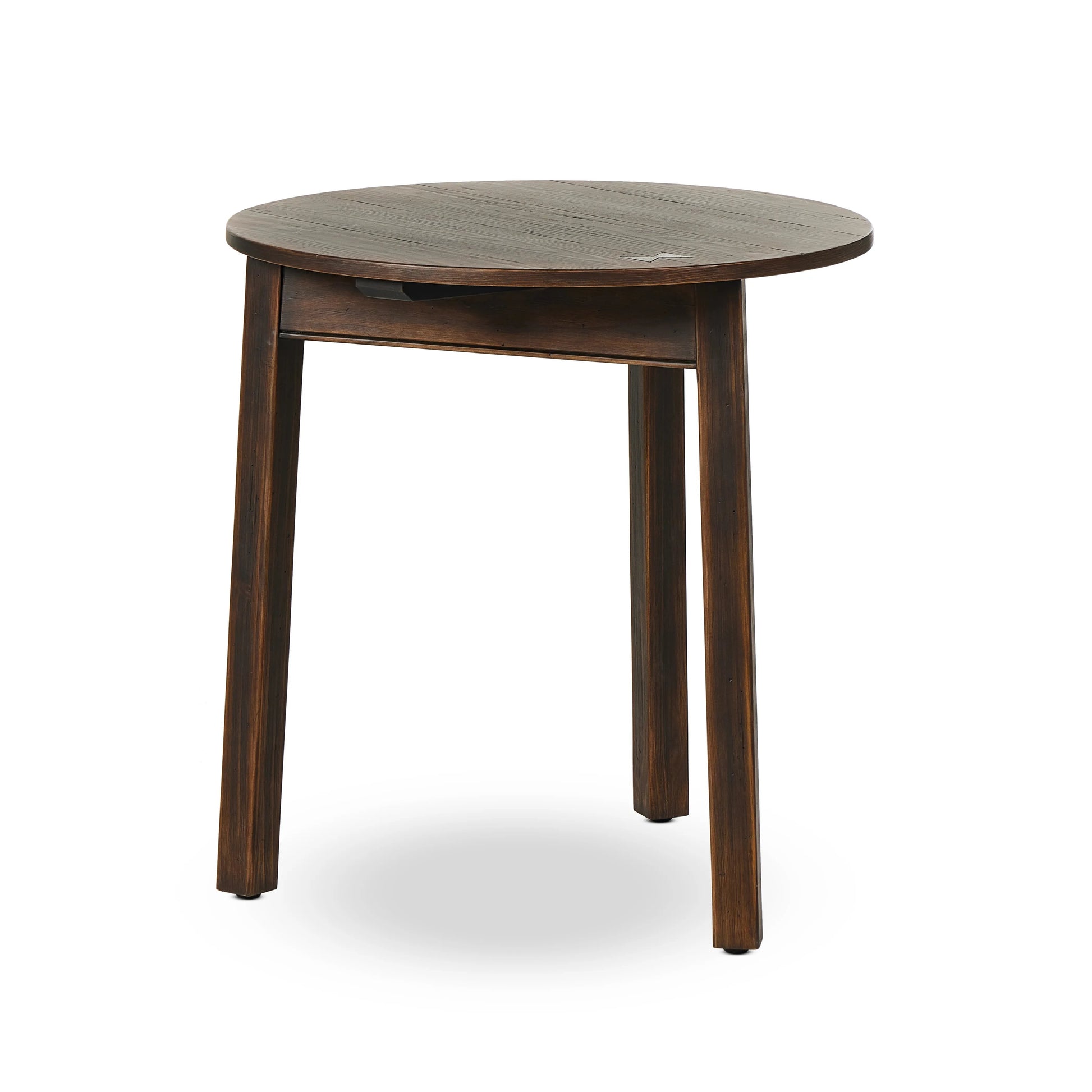 Brown-finished pine forms a versatile three-legged end table with a playful feel. By the makers at Van Thiel, known for their antique-inspired pieces and hand-applied finishes.Collection: Van Thie Amethyst Home provides interior design, new home construction design consulting, vintage area rugs, and lighting in the Houston metro area.