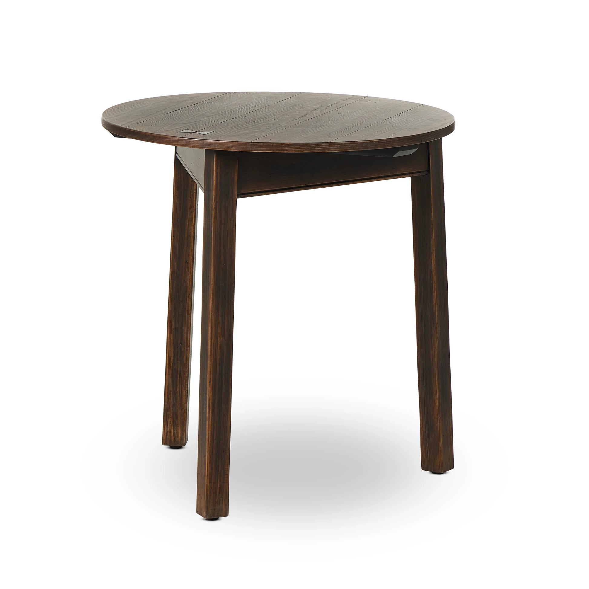 Brown-finished pine forms a versatile three-legged end table with a playful feel. By the makers at Van Thiel, known for their antique-inspired pieces and hand-applied finishes.Collection: Van Thie Amethyst Home provides interior design, new home construction design consulting, vintage area rugs, and lighting in the Miami metro area.