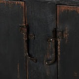 By the makers at Van Thiel, known for their antique-inspired pieces and hand-applied finishes.  This wide but slim solid pine cabinet features door fronts with diamond cutout details and wire mesh inserts. Detailed with antique-inspired hardware and hinges. Metal-clad top in oil-rubbed bronze finish. Amethyst Home provides interior design, new home construction design consulting, vintage area rugs, and lighting in the Miami metro area.