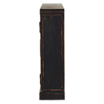 By the makers at Van Thiel, known for their antique-inspired pieces and hand-applied finishes.  This wide but slim solid pine cabinet features door fronts with diamond cutout details and wire mesh inserts. Detailed with antique-inspired hardware and hinges. Metal-clad top in oil-rubbed bronze finish. Amethyst Home provides interior design, new home construction design consulting, vintage area rugs, and lighting in the Newport Beach metro area.