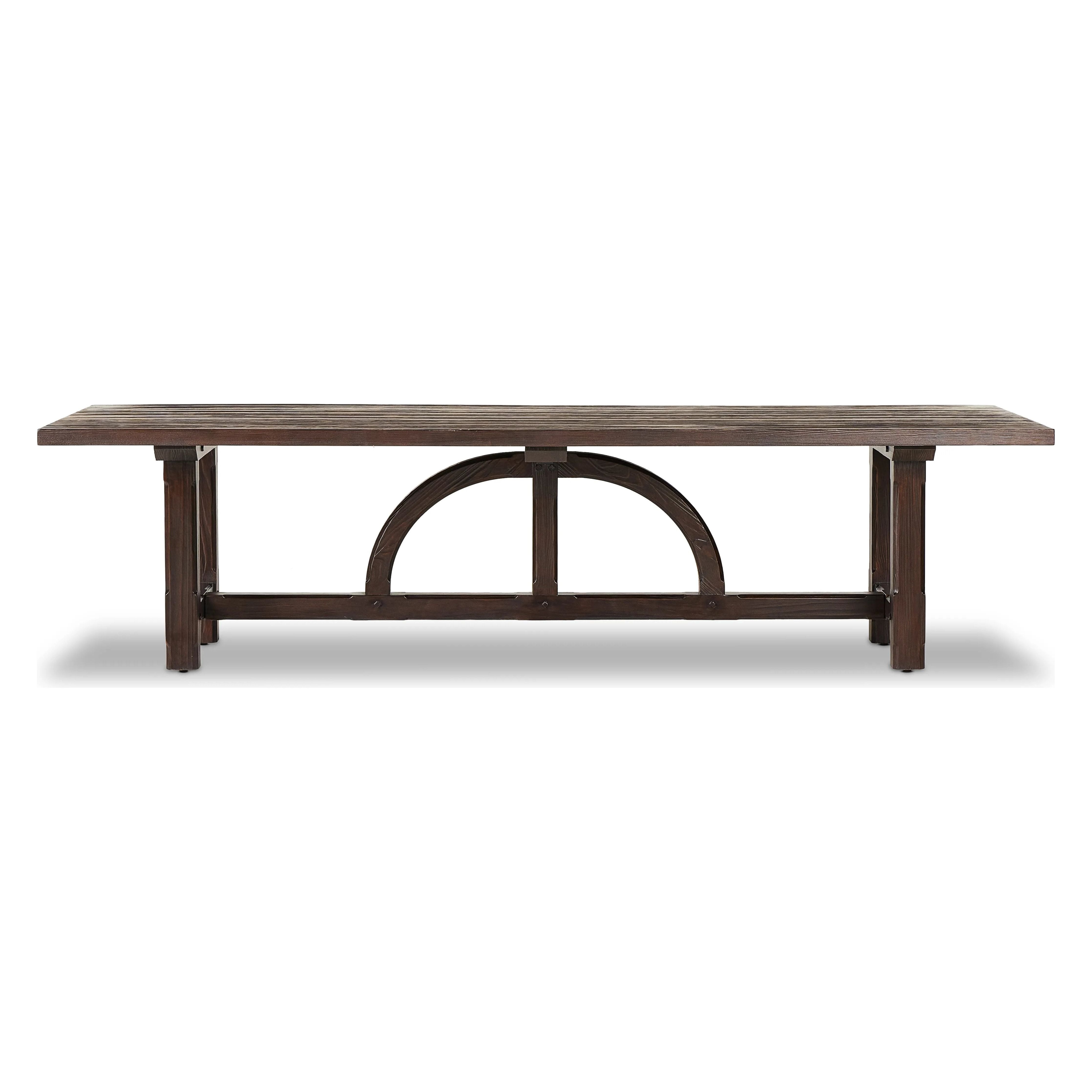 Featuring Arch Dining Table by Four Hands at Amethyst Home. Dark brown-finished pine shapes a beautifully arched harvest table. Seats 12. Beautiful pine with a timeless and durable aesthetic.Overall Dimensions: 44"W x 120"L x 30"HClearance from Floor: 4.75"Distance Between Legs (Front to Back): 18.25"Distance Between Legs (Side to Side): 84.50"Overhang: 13.. Amethyst Home provides interior design, new home construction design consulting, vintage area rugs, and lighting in the Park City metro area.