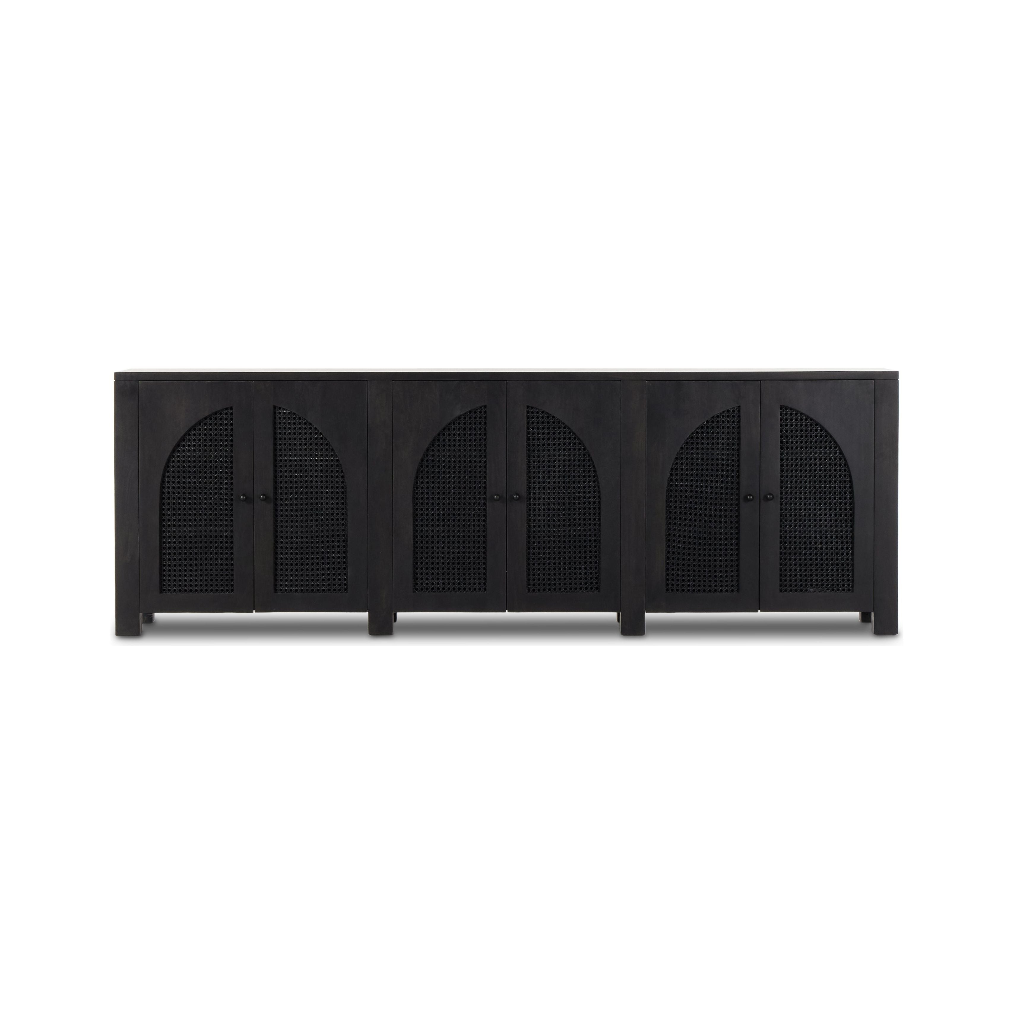 Featuring Tilda Black Wash Mango 6 Door Sideboard by Four Hands at Amethyst Home. Grand in scale and presence. Black-washed mango encases arched cane door panels featuring black-finished iron hardware, meeting a forward-thinking material mix with monochromatic vibes.
Collection: LeightonColors: Black Wash Mango ,Black Iron ,Black Circle CaneMaterials: Solid Mango ,Iron ,CaneOvera. Amethyst Home provides interior design, new construction, custom furniture, and area rugs in the San Diego metro area.