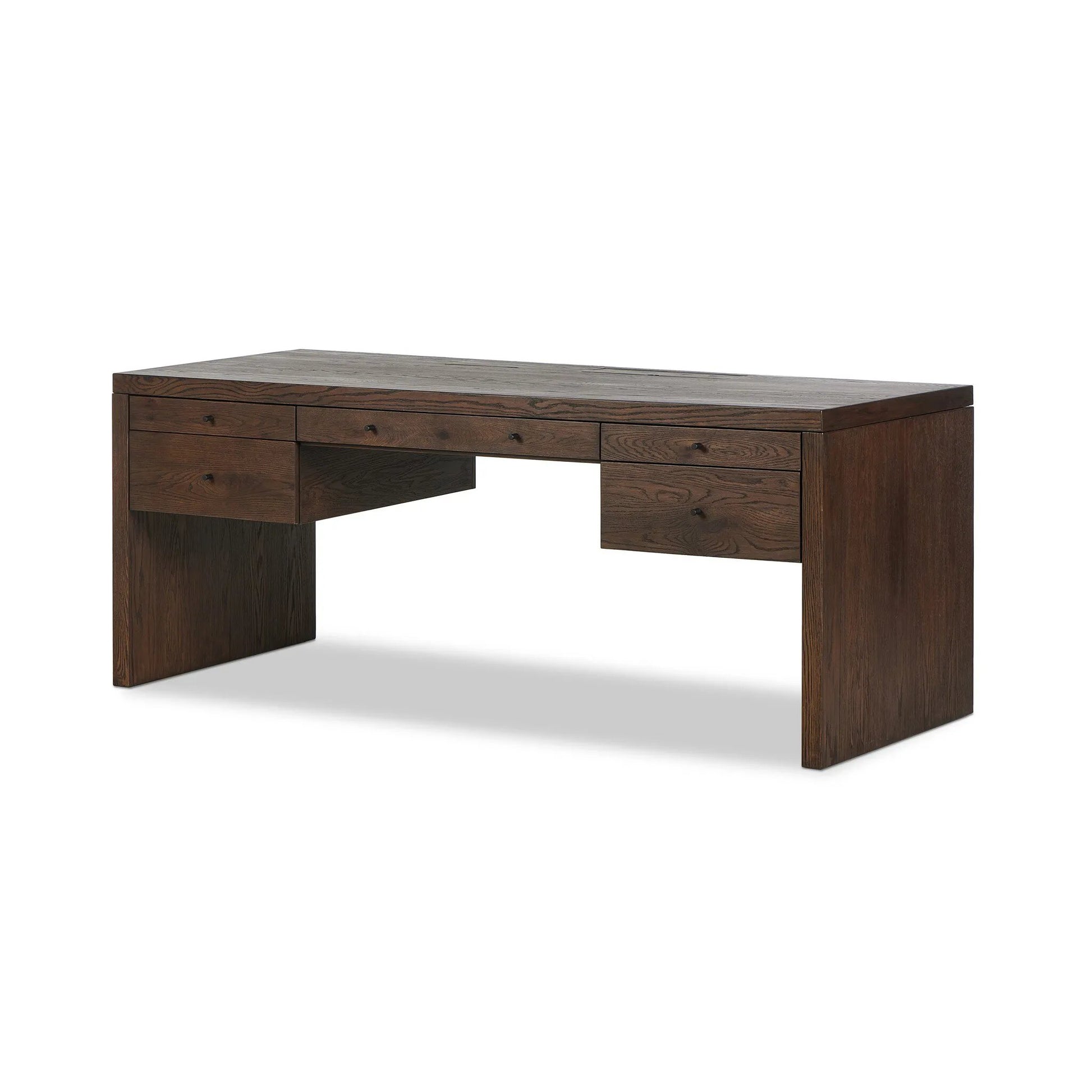 An executive-sized desk of rich brown oak offers generous surface and storage space, while a flip top keeps cords out of sight. Invisible wireless charging for Android and Apple products.Collection: Hamilto Amethyst Home provides interior design, new home construction design consulting, vintage area rugs, and lighting in the Alpharetta metro area.