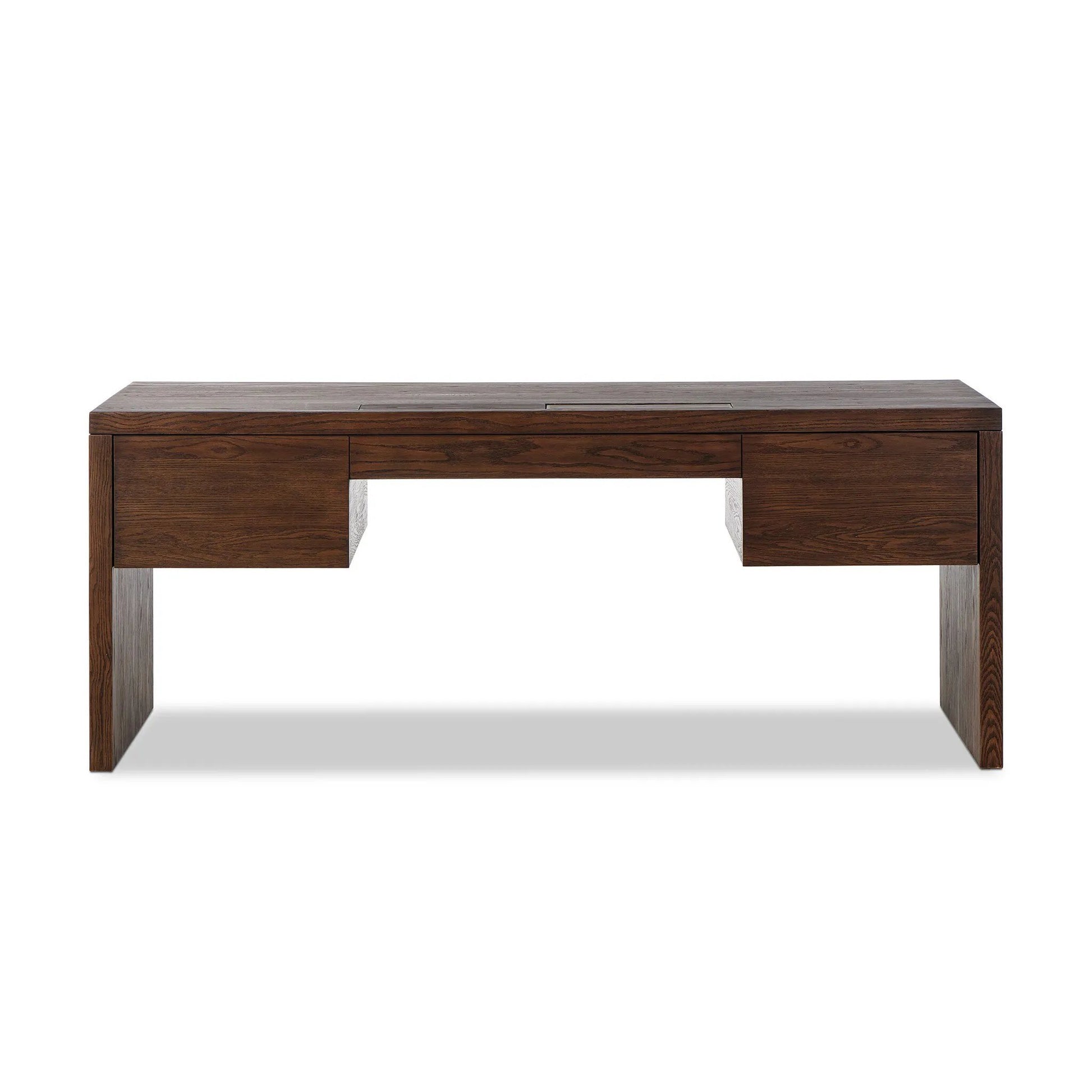 An executive-sized desk of rich brown oak offers generous surface and storage space, while a flip top keeps cords out of sight. Invisible wireless charging for Android and Apple products.Collection: Hamilto Amethyst Home provides interior design, new home construction design consulting, vintage area rugs, and lighting in the Portland metro area.