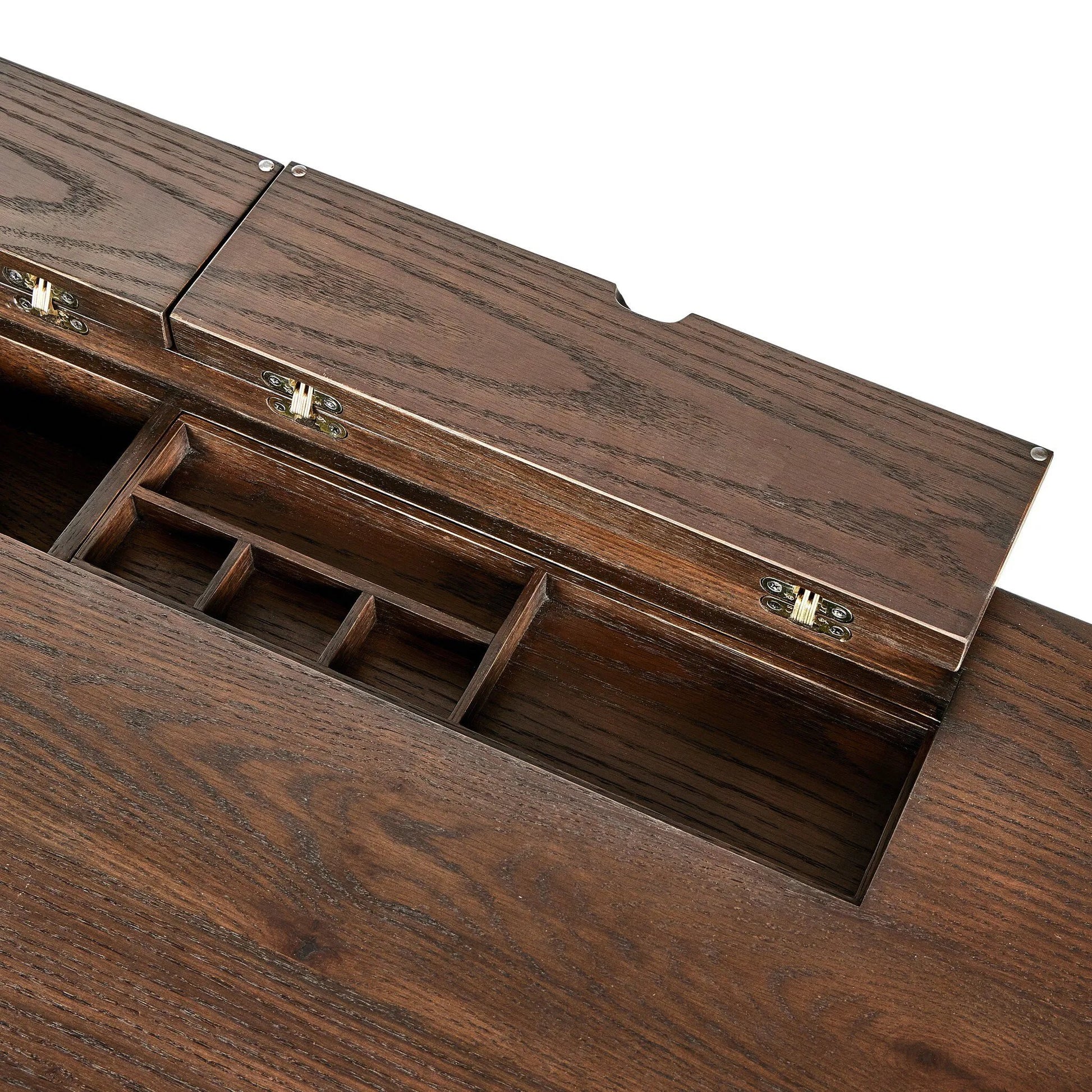 An executive-sized desk of rich brown oak offers generous surface and storage space, while a flip top keeps cords out of sight. Invisible wireless charging for Android and Apple products.Collection: Hamilto Amethyst Home provides interior design, new home construction design consulting, vintage area rugs, and lighting in the Salt Lake City metro area.