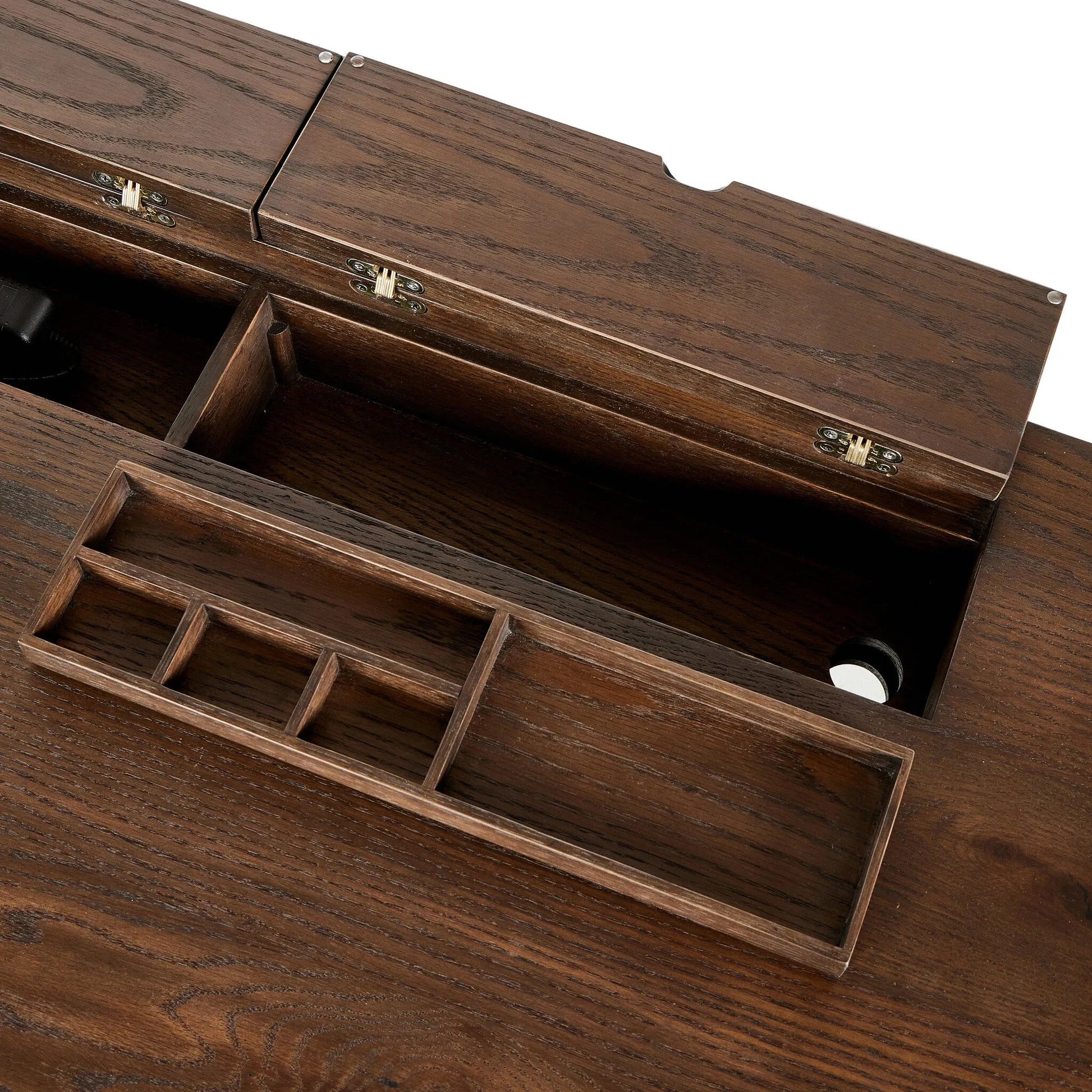 An executive-sized desk of rich brown oak offers generous surface and storage space, while a flip top keeps cords out of sight. Invisible wireless charging for Android and Apple products.Collection: Hamilto Amethyst Home provides interior design, new home construction design consulting, vintage area rugs, and lighting in the Seattle metro area.