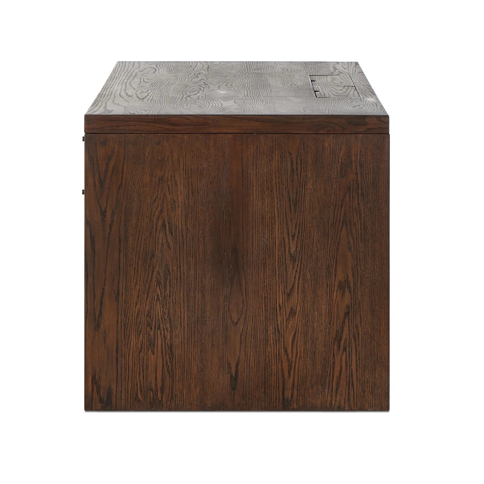 An executive-sized desk of rich brown oak offers generous surface and storage space, while a flip top keeps cords out of sight. Invisible wireless charging for Android and Apple products.Collection: Hamilto Amethyst Home provides interior design, new home construction design consulting, vintage area rugs, and lighting in the Washington metro area.