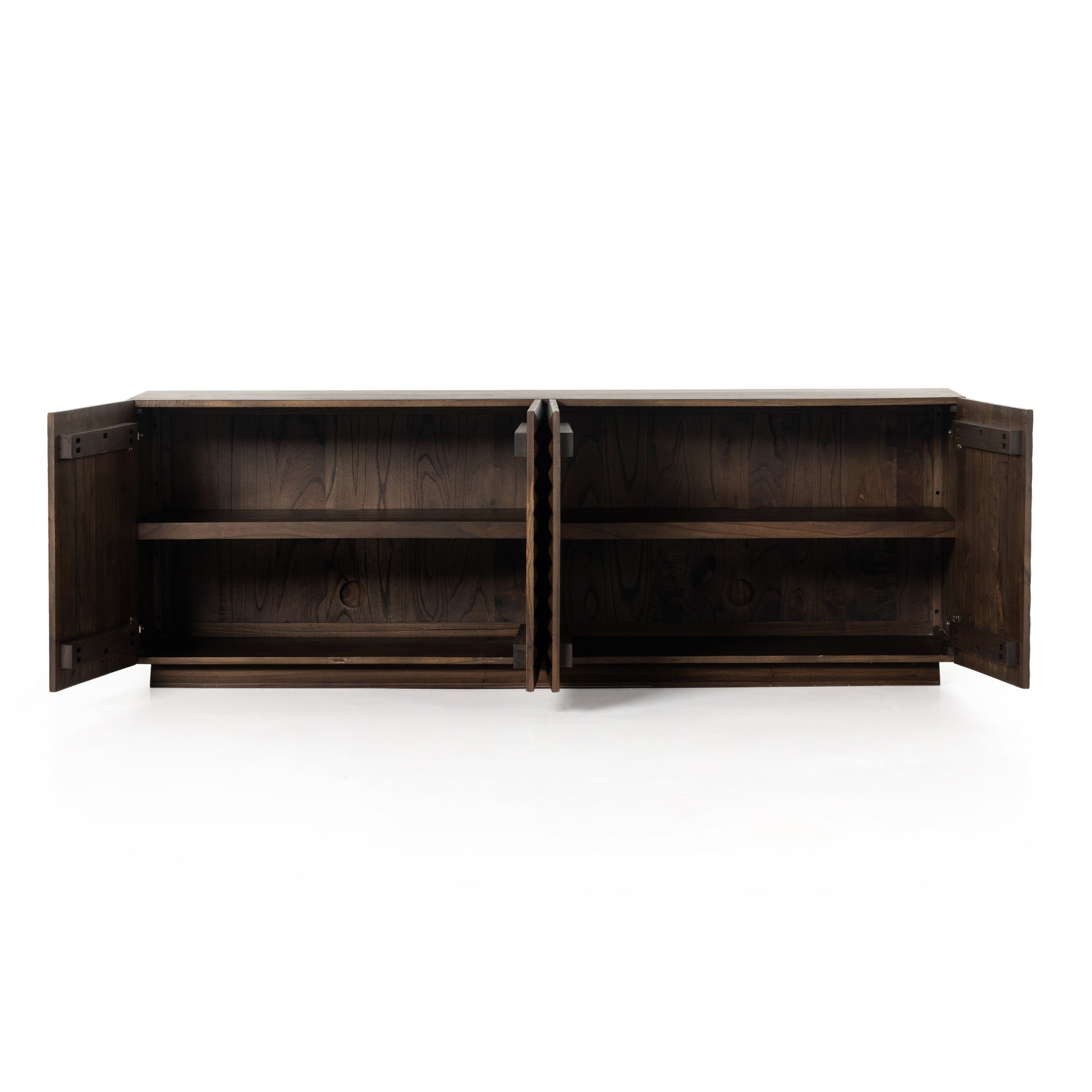 Tussac Matte Brown Neem Media Console is made from dark-finished neem native to India, Africa and other semi-tropical regions, chamfer detailing brings a linear, textured look to a storage-driven media console. Dual rear cutouts for cord management. Amethyst Home provides interior design services, furniture, rugs, and lighting in the Calabasas metro area.