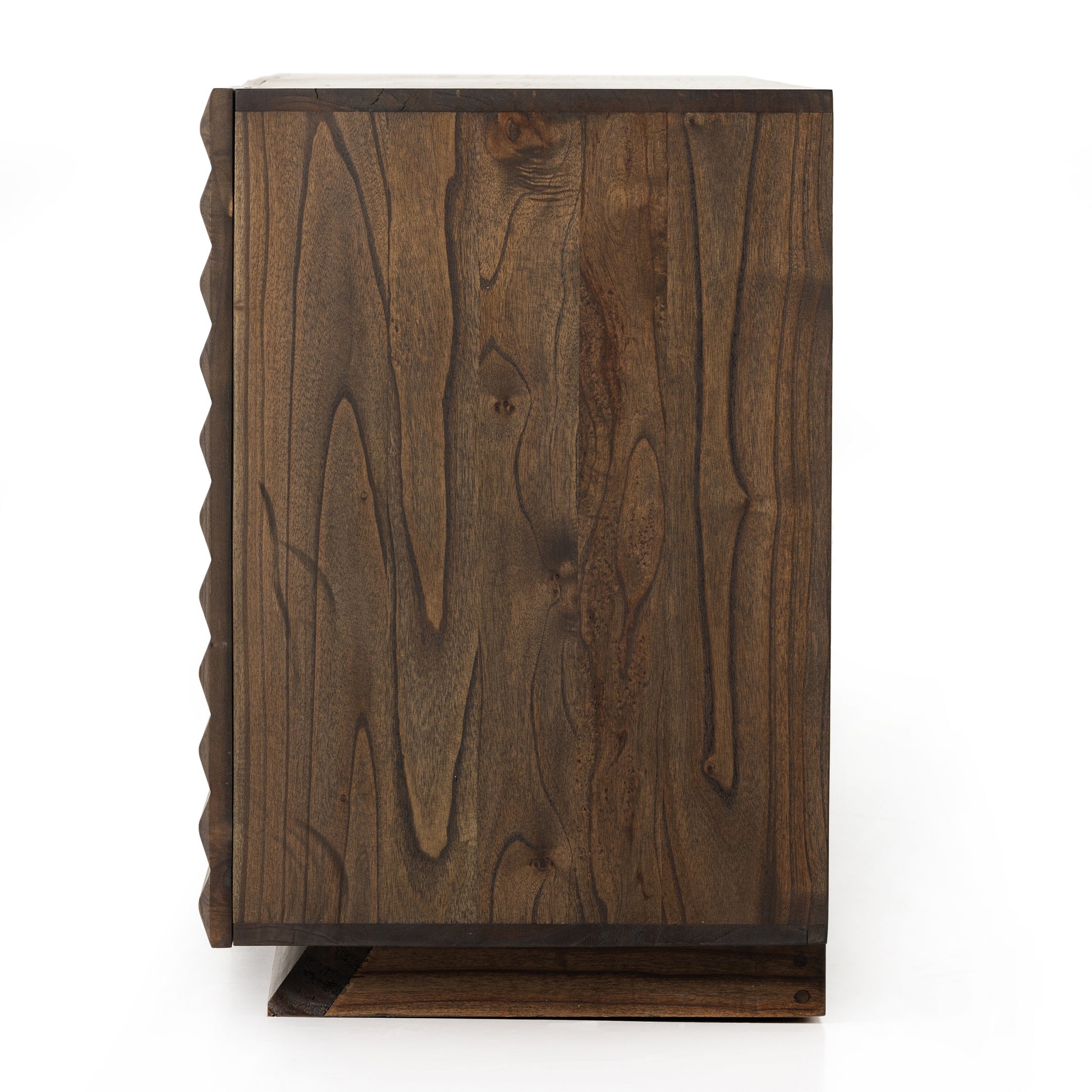 Tussac Matte Brown Neem Media Console is made from dark-finished neem native to India, Africa and other semi-tropical regions, chamfer detailing brings a linear, textured look to a storage-driven media console. Dual rear cutouts for cord management. Amethyst Home provides interior design services, furniture, rugs, and lighting in the Des Moines metro area.