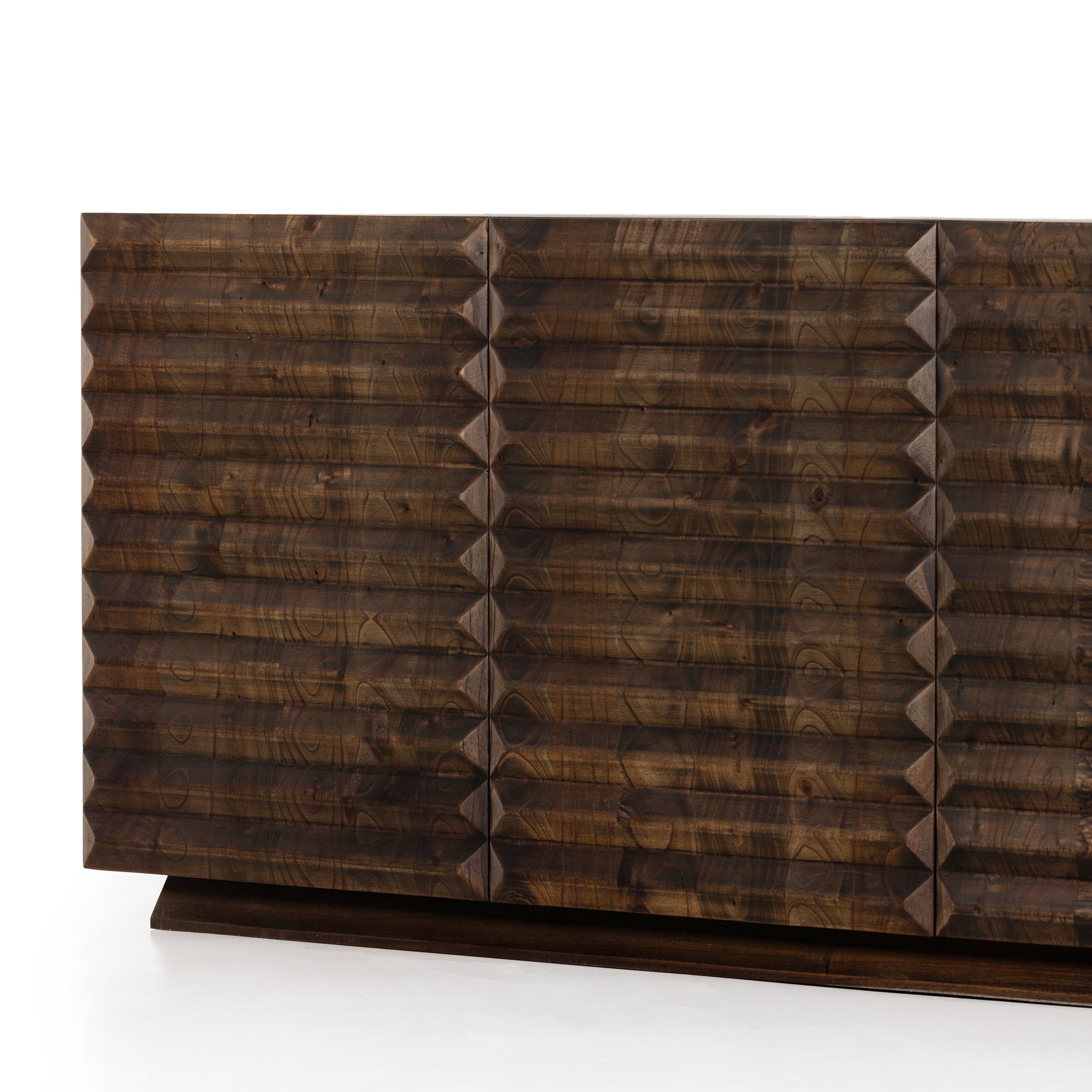 Tussac Matte Brown Neem Media Console is made from dark-finished neem native to India, Africa and other semi-tropical regions, chamfer detailing brings a linear, textured look to a storage-driven media console. Dual rear cutouts for cord management. Amethyst Home provides interior design services, furniture, rugs, and lighting in the Miami metro area.