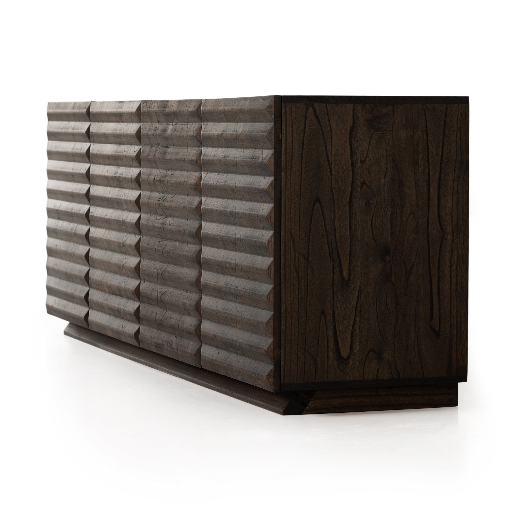 Tussac Matte Brown Neem Media Console is made from dark-finished neem native to India, Africa and other semi-tropical regions, chamfer detailing brings a linear, textured look to a storage-driven media console. Dual rear cutouts for cord management. Amethyst Home provides interior design services, furniture, rugs, and lighting in the Portland metro area.