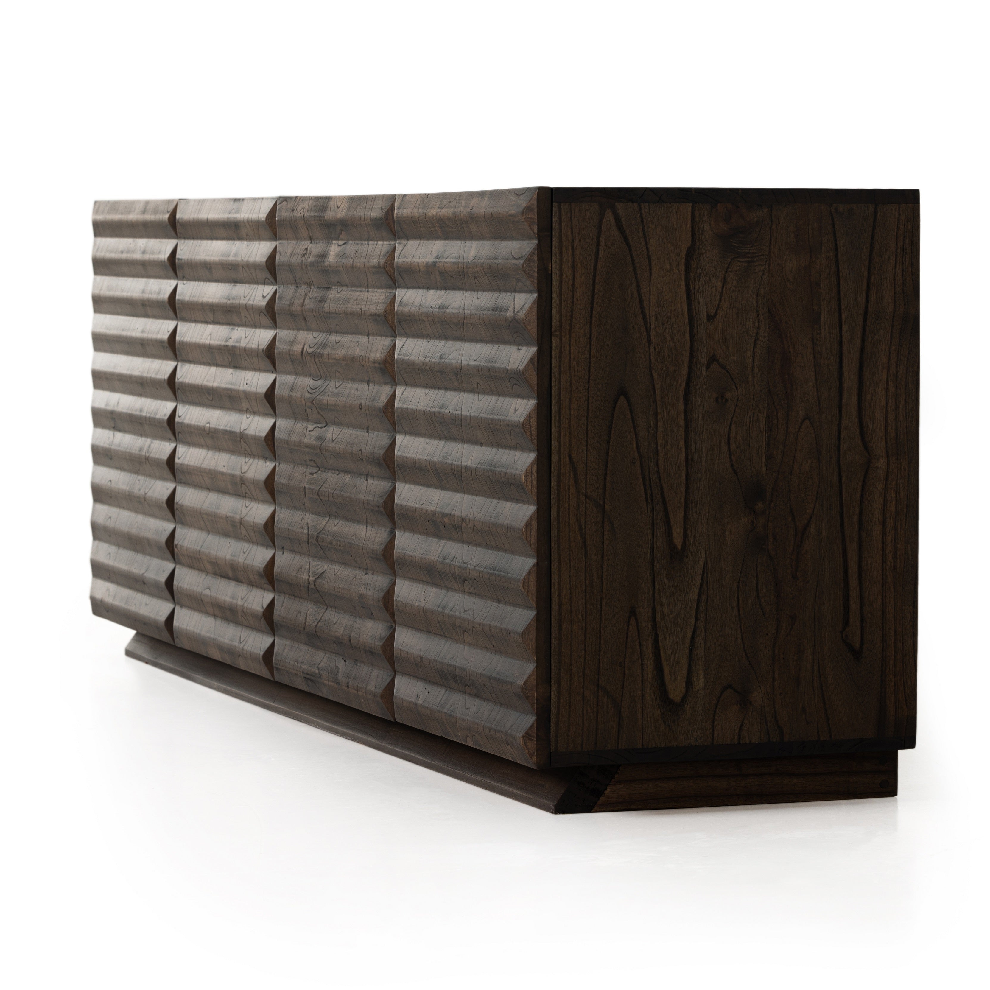 Tussac Matte Brown Neem Media Console is made from dark-finished neem native to India, Africa and other semi-tropical regions, chamfer detailing brings a linear, textured look to a storage-driven media console. Dual rear cutouts for cord management. Amethyst Home provides interior design services, furniture, rugs, and lighting in the Portland metro area.