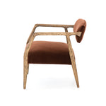 An angular distressed oak frame holds a deep seat and striking, low-slung back. Upholstered in velvety burnt auburn covering of 100% cotton. Amethyst Home provides interior design, new construction, custom furniture, and area rugs in the Boston metro area.
