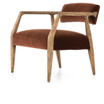 An angular distressed oak frame holds a deep seat and striking, low-slung back. Upholstered in velvety burnt auburn covering of 100% cotton. Amethyst Home provides interior design, new construction, custom furniture, and area rugs in the Calabasas metro area.
