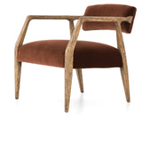 An angular distressed oak frame holds a deep seat and striking, low-slung back. Upholstered in velvety burnt auburn covering of 100% cotton. Amethyst Home provides interior design, new construction, custom furniture, and area rugs in the Calabasas metro area.