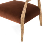 An angular distressed oak frame holds a deep seat and striking, low-slung back. Upholstered in velvety burnt auburn covering of 100% cotton. Amethyst Home provides interior design, new construction, custom furniture, and area rugs in the Des Moines metro area.