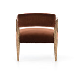 An angular distressed oak frame holds a deep seat and striking, low-slung back. Upholstered in velvety burnt auburn covering of 100% cotton. Amethyst Home provides interior design, new construction, custom furniture, and area rugs in the Los Angeles metro area.