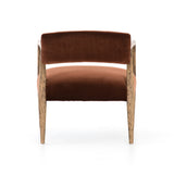 An angular distressed oak frame holds a deep seat and striking, low-slung back. Upholstered in velvety burnt auburn covering of 100% cotton. Amethyst Home provides interior design, new construction, custom furniture, and area rugs in the Los Angeles metro area.