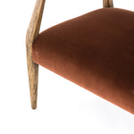 An angular distressed oak frame holds a deep seat and striking, low-slung back. Upholstered in velvety burnt auburn covering of 100% cotton. Amethyst Home provides interior design, new construction, custom furniture, and area rugs in the Scottsdale metro area.