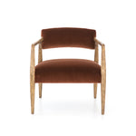 An angular distressed oak frame holds a deep seat and striking, low-slung back. Upholstered in velvety burnt auburn covering of 100% cotton. Amethyst Home provides interior design, new construction, custom furniture, and area rugs in the Winter Garden metro area.