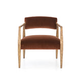 An angular distressed oak frame holds a deep seat and striking, low-slung back. Upholstered in velvety burnt auburn covering of 100% cotton. Amethyst Home provides interior design, new construction, custom furniture, and area rugs in the Winter Garden metro area.