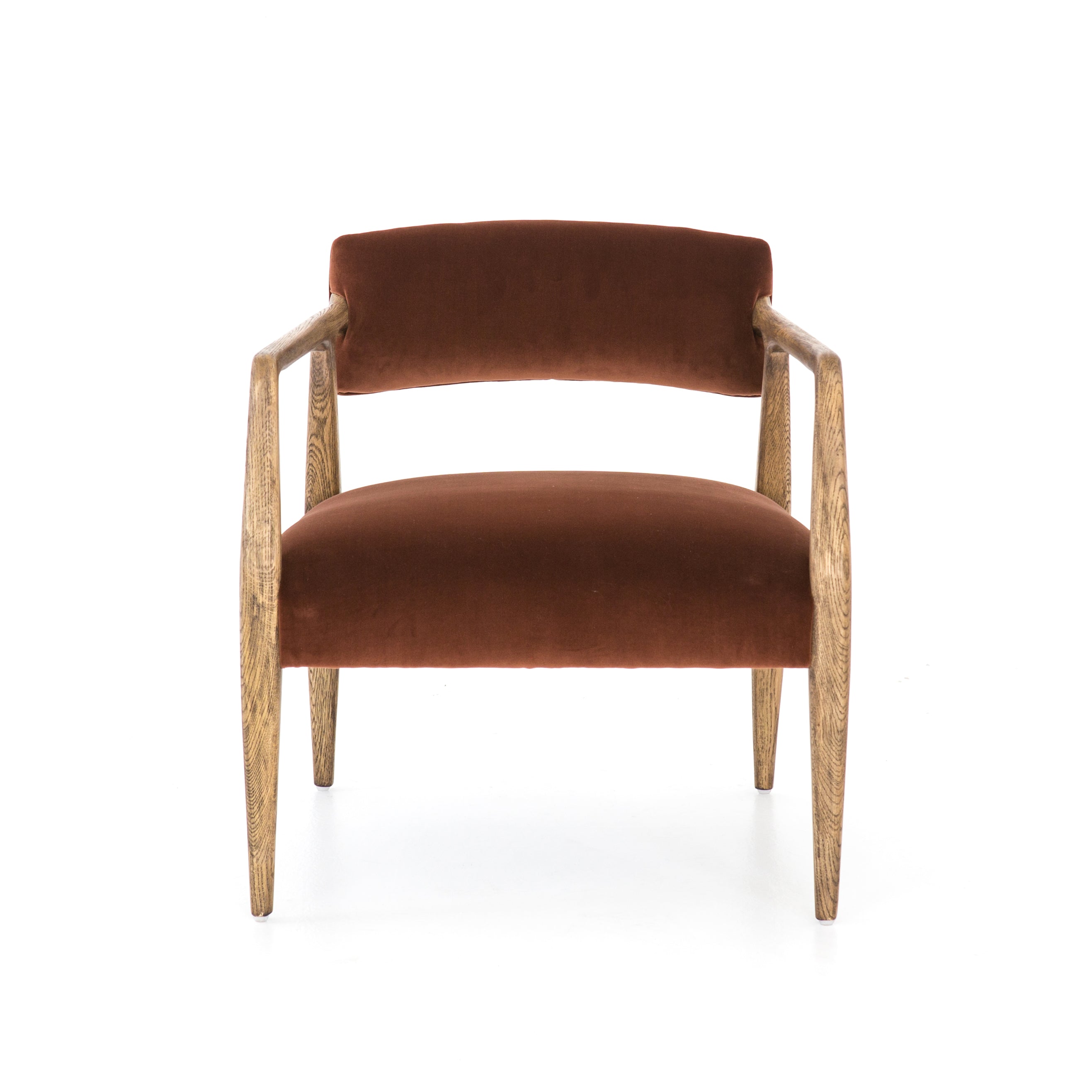 An angular distressed oak frame holds a deep seat and striking, low-slung back. Upholstered in velvety burnt auburn covering of 100% cotton. Amethyst Home provides interior design, new construction, custom furniture, and area rugs in the Winter Garden metro area.