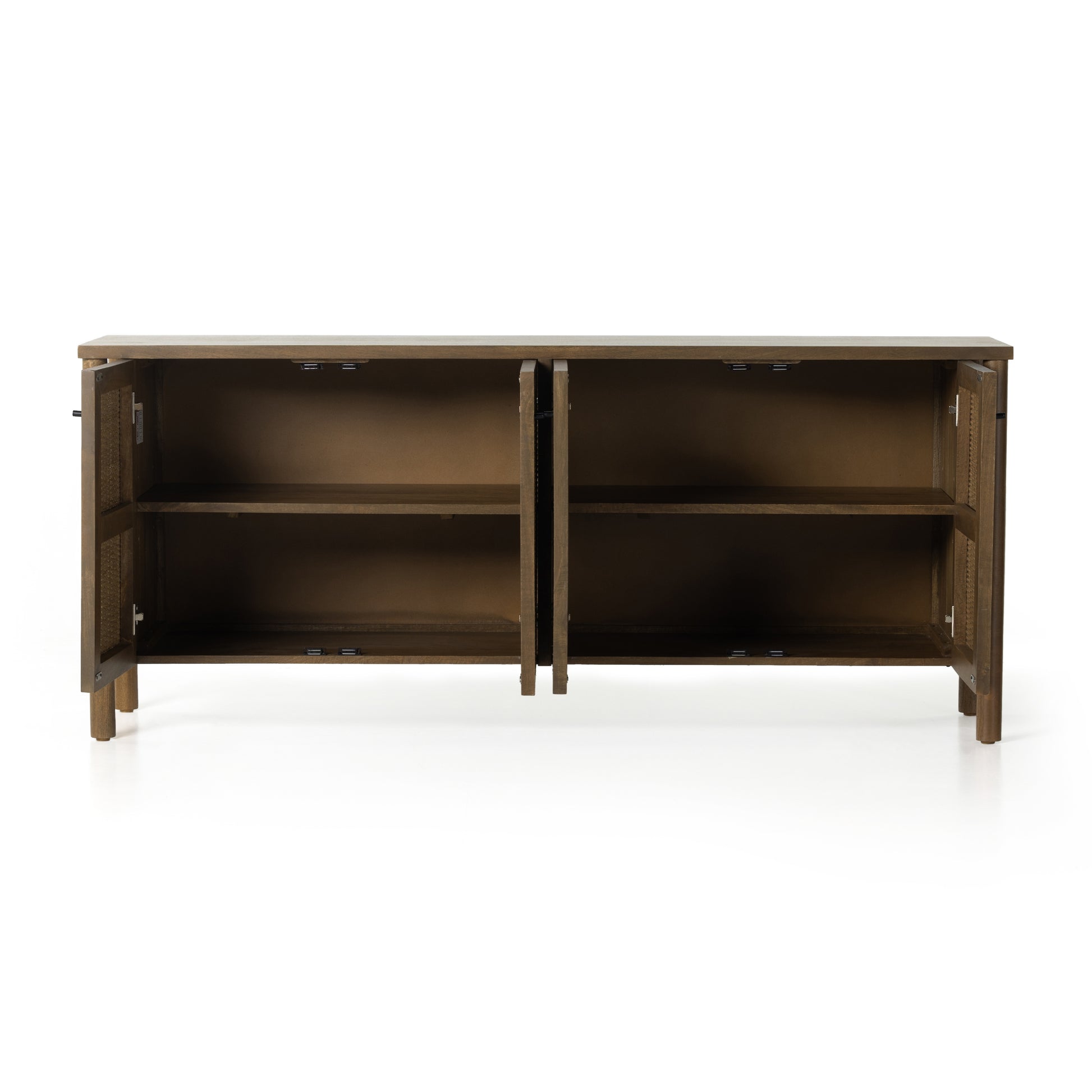 The Veta Taupe Cane Sideboard's modern weave pattern refreshes an ever-trending material. Solid mango encases cane door fronts with a unique taupe finish and textural basket weave. Dowel legs separate from casing for a float-like look. Spacious interior perfect for storing table linens and serveware. Amethyst Home provides interior design services, furniture, rugs, and lighting in the Monterey metro area.