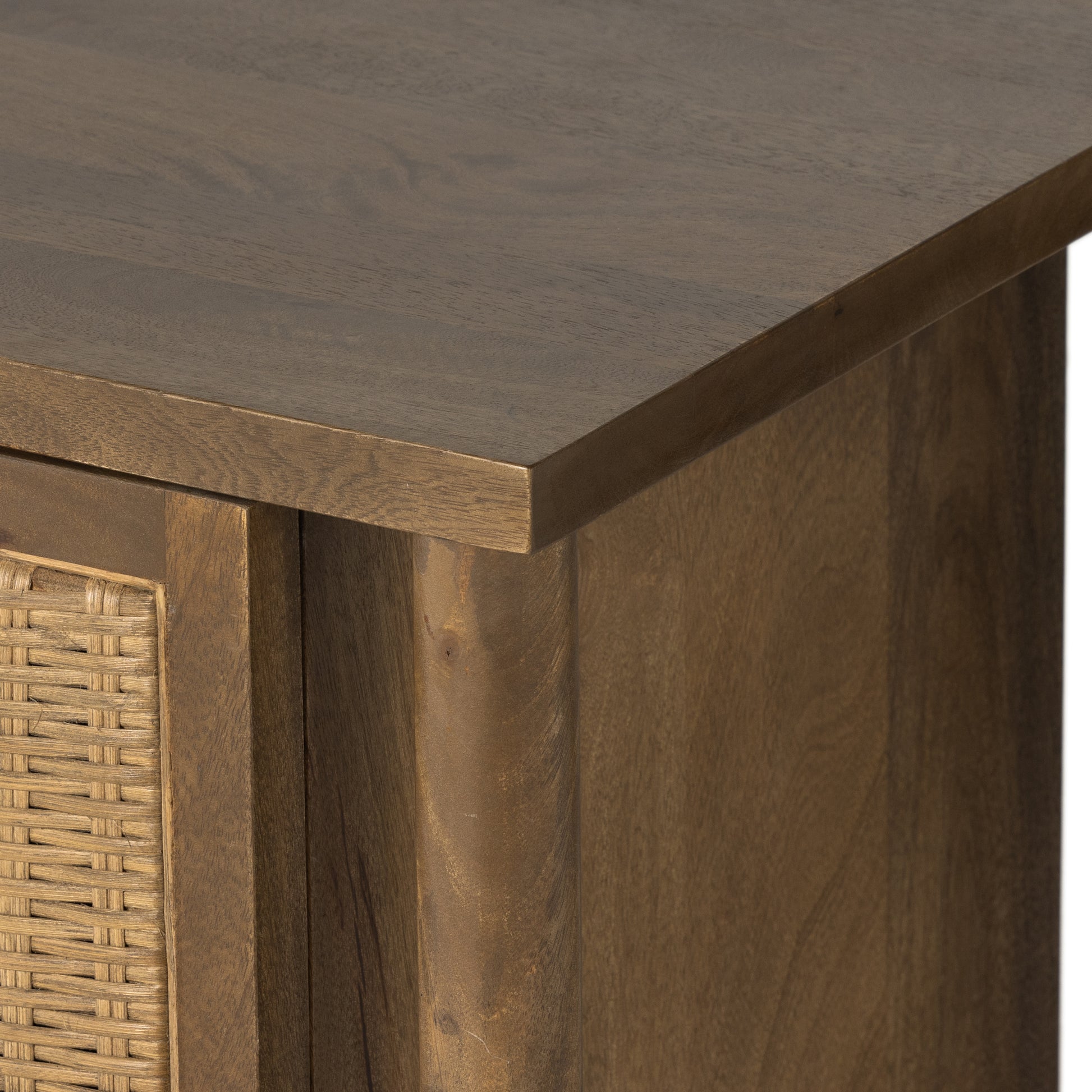 The Veta Taupe Cane Sideboard's modern weave pattern refreshes an ever-trending material. Solid mango encases cane door fronts with a unique taupe finish and textural basket weave. Dowel legs separate from casing for a float-like look. Spacious interior perfect for storing table linens and serveware. Amethyst Home provides interior design services, furniture, rugs, and lighting in the Seattle metro area.
