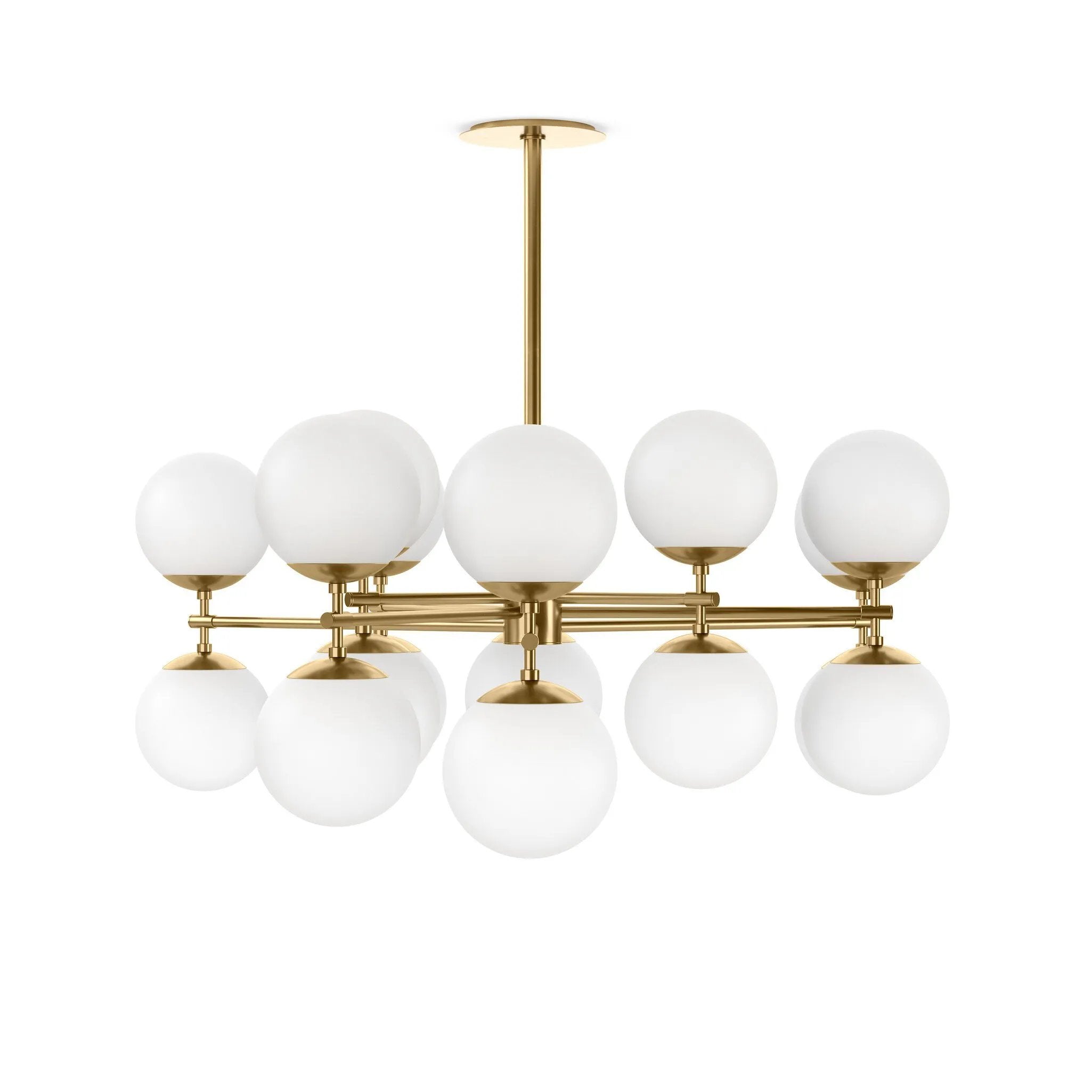 Matte glass spheres seem to extend and reach across smooth brass rods. Each globe is individually blown, shaped and sculpted by hand through a one-hour process. Matte glass is specially manufactured to evenly diffuse light. Brass and glass are 98% recyclable. Designed and sustainably crafted in Poland by Schwung.Overall Dimensions51.75"w x 51. Amethyst Home provides interior design, new home construction design consulting, vintage area rugs, and lighting in the Calabasas metro area.