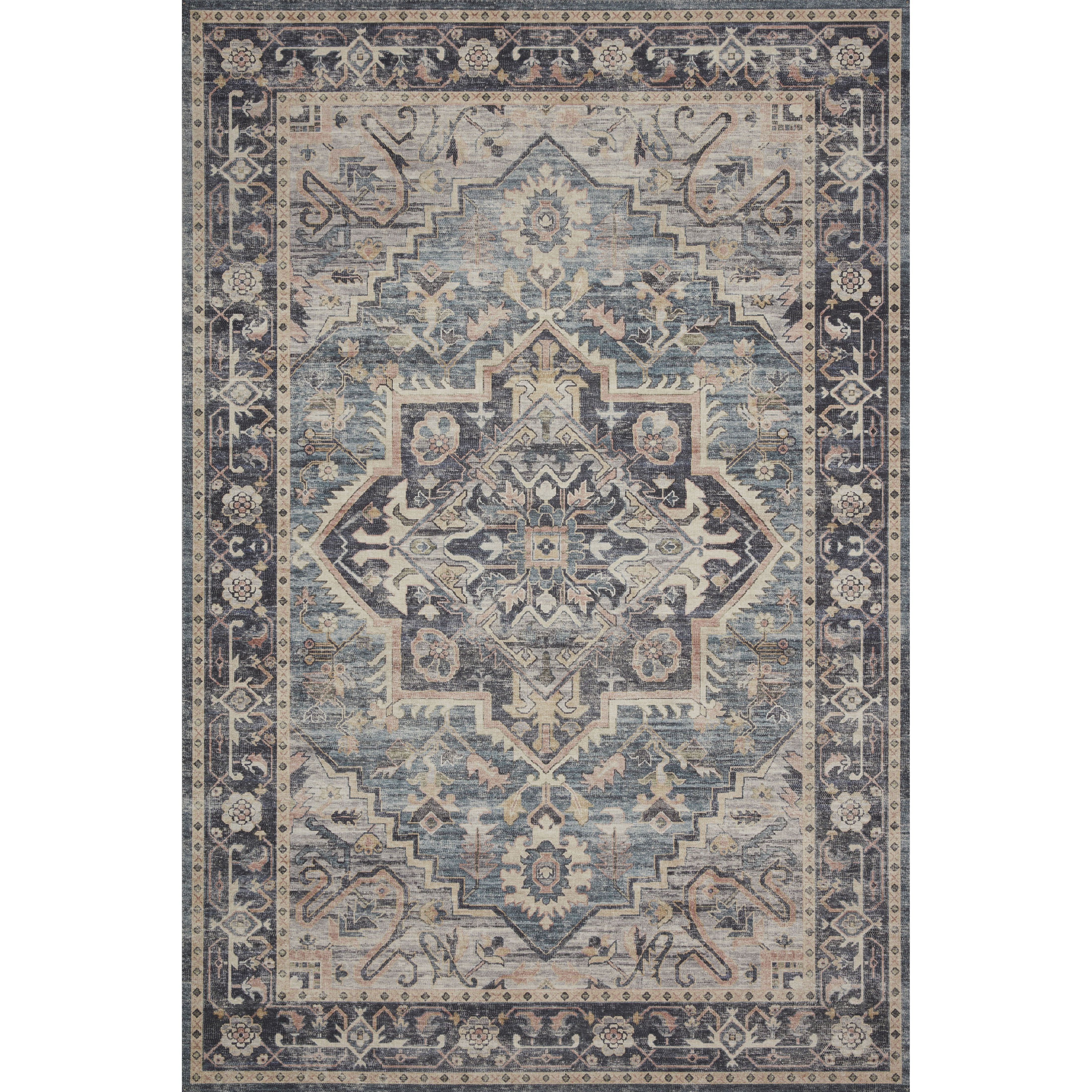 Featuring soft motifs in a carefully curated color palate of black, blue, yellow, and hints of orange, the Hathaway Navy / Multi area rug captures the essence of one-of-a-kind vintage or antique area rug. This rug is ideal for high traffic areas such as living rooms, dining rooms, kitchens, hallways, and entryways.