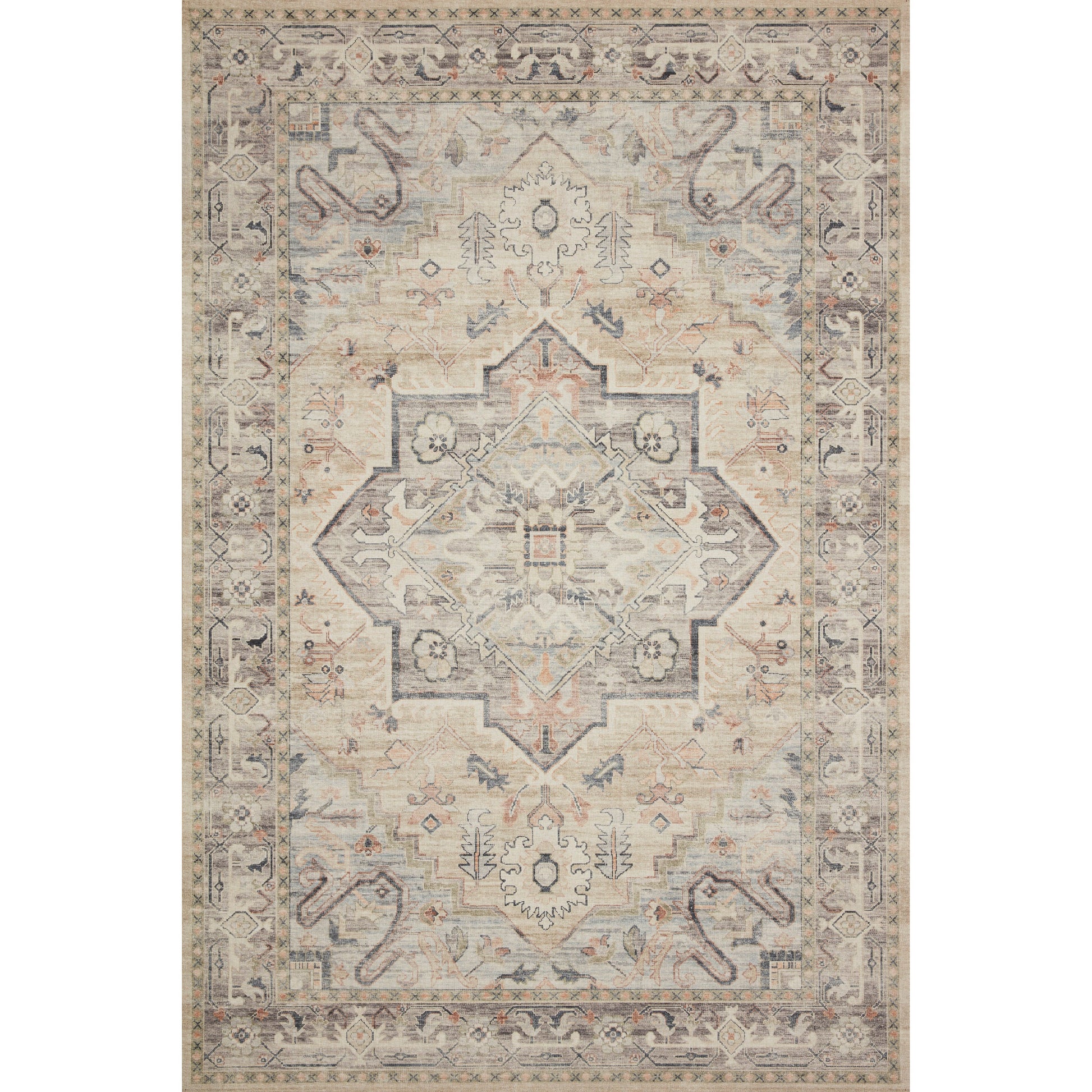 Featuring soft motifs in a carefully curated color palate of ivory, blue, green, and hints of purple, the Hathaway Multi / Ivory area rug captures the essence of one-of-a-kind vintage or antique area rug. This rug is ideal for high traffic areas such as living rooms, dining rooms, kitchens, hallways, and entryways.