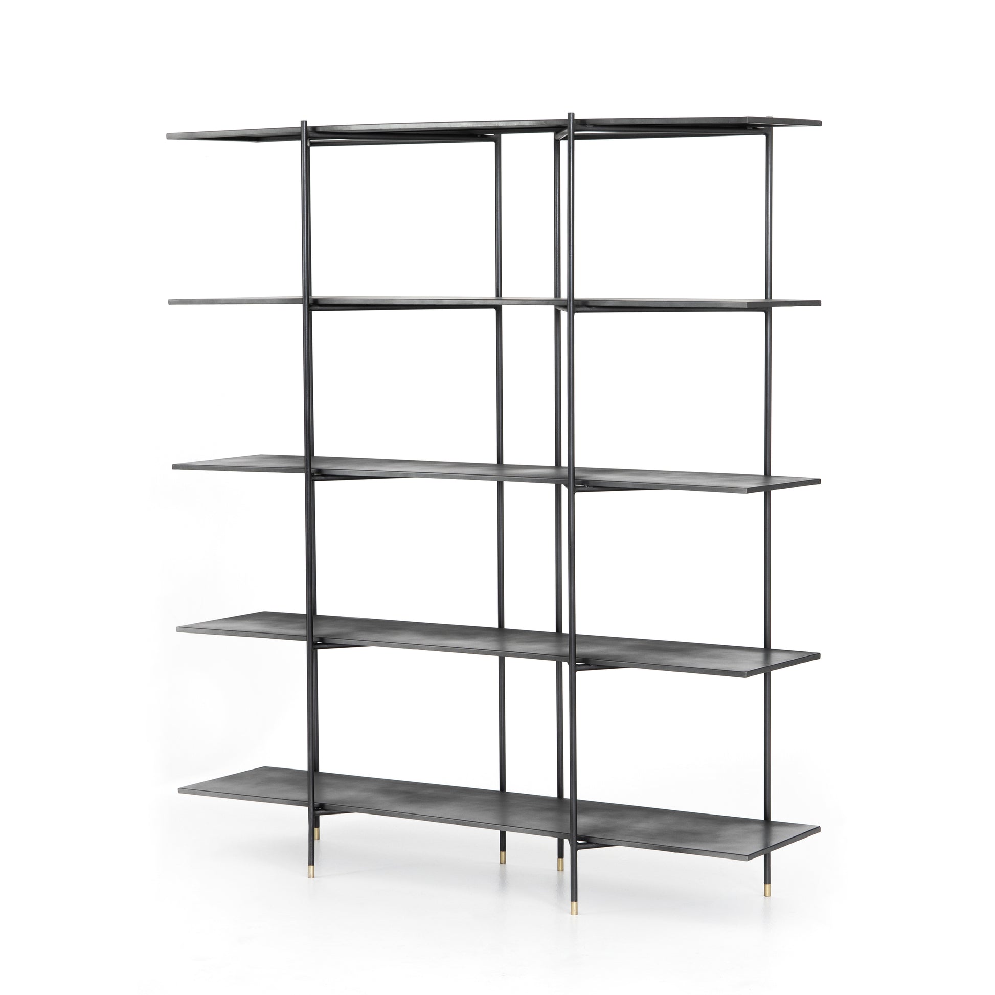 Modern industrial design gets softened by fine lines with this Vito Bookshelf. Wide planks of distressed iron offer plenty of space for the display of books and treasured items. Brass-capped feet add a feminine finishing touch.  Available September 2020!  Overall Dimensions: 63"w x 16.5"d x 71"h Materials: Iron