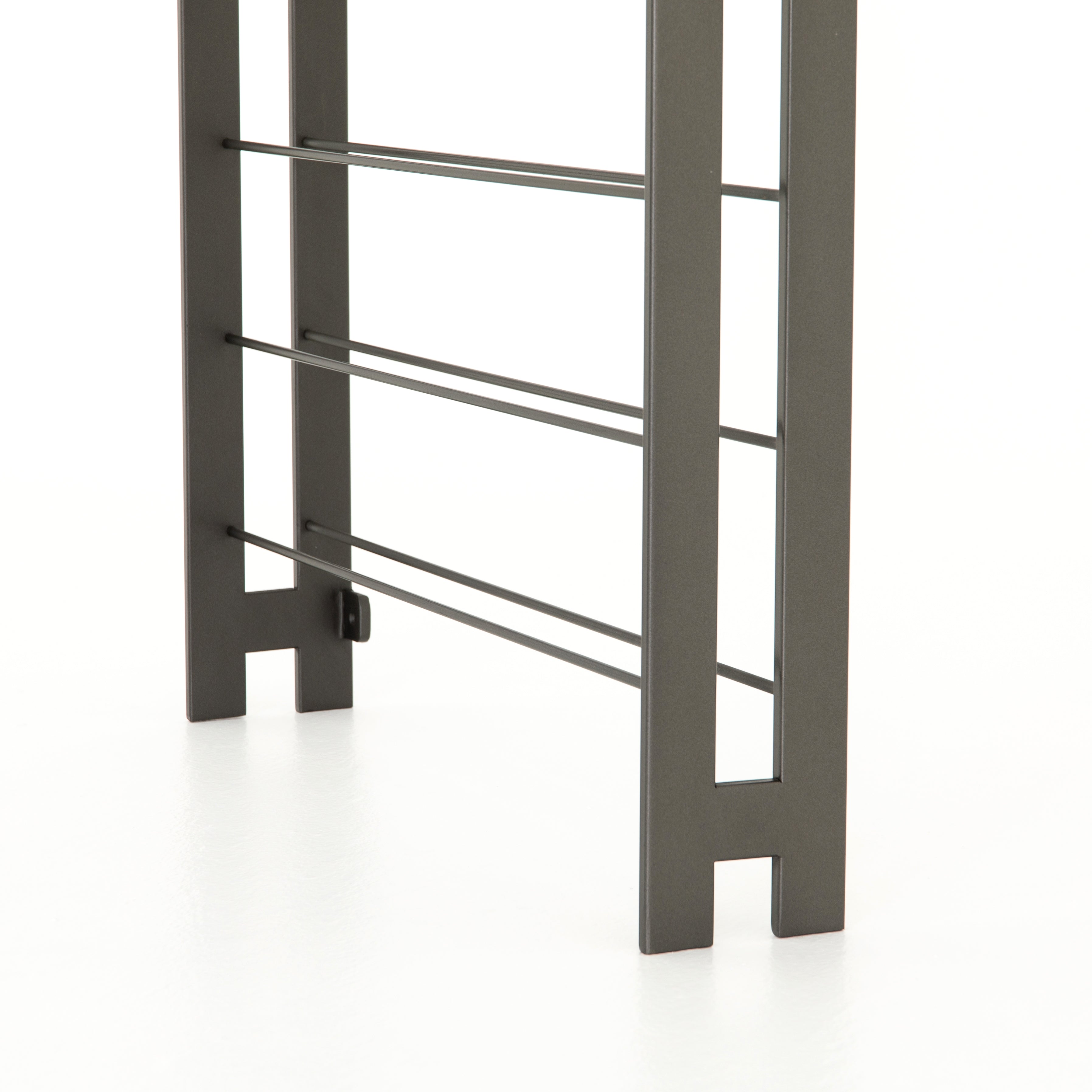 Featuring Wine Rack by Four Hands at Amethyst Home. Store – and sip – in style. Tall, wall-mountable iron wine rack is finished in gunmetal, with open shelving for proper storage and stylish display of favorite wines. Anchors included.
Overall Dimensions: 32"W x 5.75"L x 72"H
Colors: GunmetalMaterials: IronWeight: 37.48 lbVolume: 13.07 cu ft.  Amethyst Home provides interior design, new home construction design consulting, vintage area rugs, and lighting in the Nashville metro area.