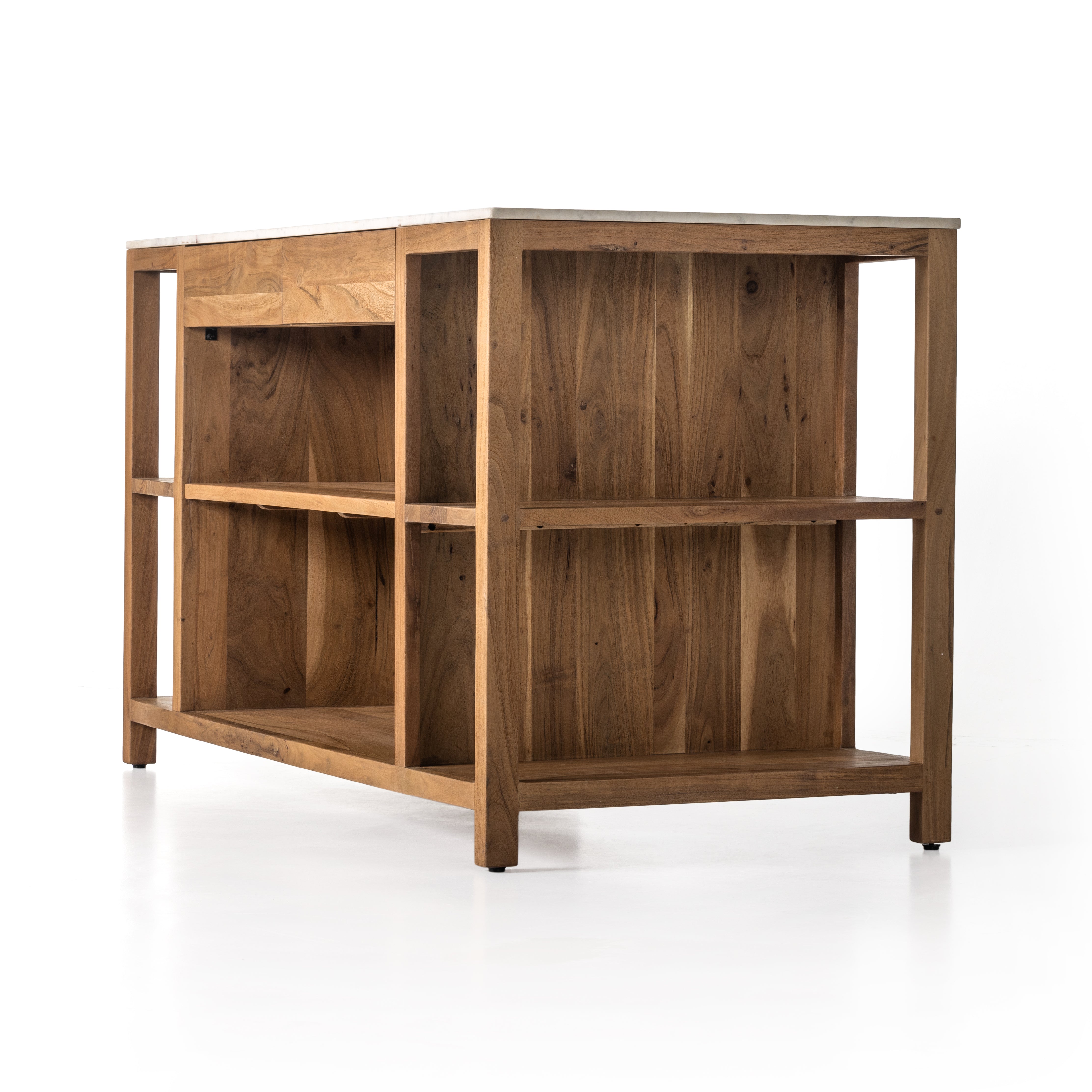 Featuring Indira Smoked Acacia Kitchen Island by Four Hands at Amethyst Home. Create space and style with the Indira Kitchen Island in Smoked Acacia made from smoked acacia and solid white marble. Roomy open shelving offers ample options for storage and display, while dual drawers keep frequently used items within reach.
Size: 62"W x 29"L x 36"H
Colors: Smoked Acacia, Smoked Acacia Veneer. Amethyst Home provides interior design services, furniture, rugs, and lighting in the Kansas City metro area.