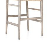 Modern curves redefine the classic wishbone-style counter stool. Vintage white all-weather wicker is woven for a dose of fresh texture within weathered grey teak framing. Cover or store indoors during inclement weather and when not in use.  Pictured in Weathered Grey. Also available in Black Teak and Matte Sealed Teak.  Overall Size: 21.50"w x 22.50"d x 38.50"h Seat Depth: 18.25" Seat Height: 26.50"