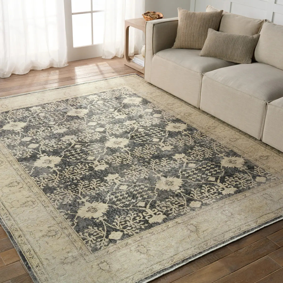 The Boheme Pia Rug brings vintage inspiration to life with ornate, worldly designs and a timeless distress effect. The Pia area rug boasts a Persian-inspired center medallion, short fringe and detail-rich border in a navy, cream, gray, and pastel green colorway. Amethyst Home provides interior design services, furniture, rugs, and lighting in the Des Moines metro area.