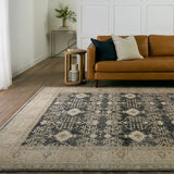 The Boheme Pia Rug brings vintage inspiration to life with ornate, worldly designs and a timeless distress effect. The Pia area rug boasts a Persian-inspired center medallion, short fringe and detail-rich border in a navy, cream, gray, and pastel green colorway. Amethyst Home provides interior design services, furniture, rugs, and lighting in the Miami metro area.
