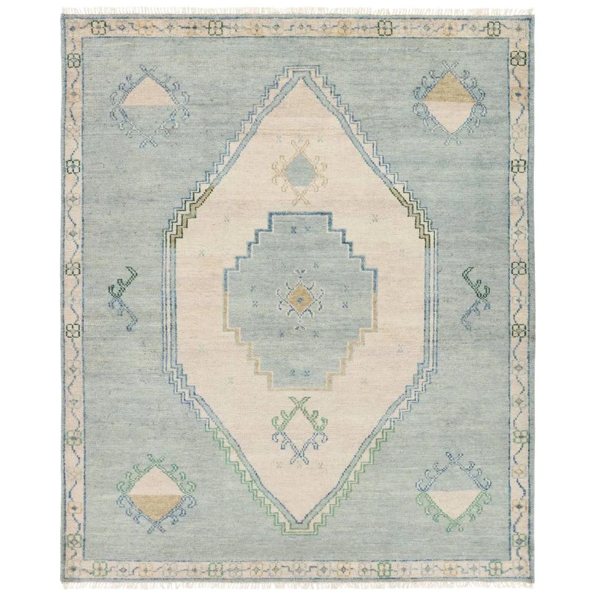 The hand-knotted Jinsen collection features a fresh incarnation of the vintage Turkish textile look. Classic in pattern and modern in color, the Alamo rug boasts a beautiful palette of cream, beige, gold, and brown, featuring distinct dye-lot details and subtle fringe. Amethyst Home provides interior design, new home construction design consulting, vintage area rugs, and lighting in the Boston metro area.