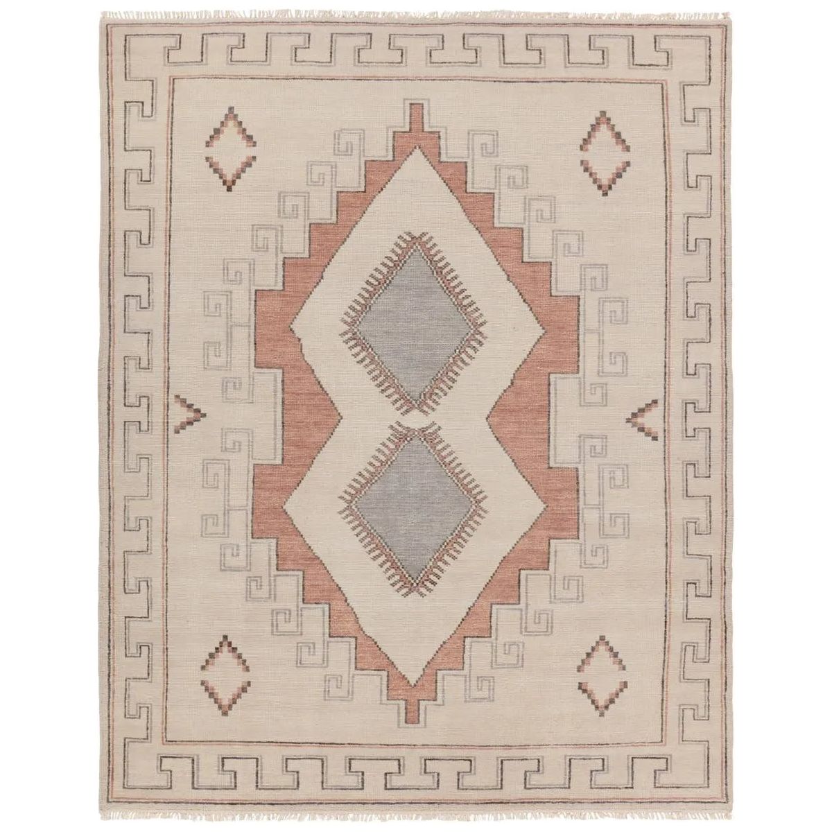 The hand-knotted Jinsen collection features a fresh incarnation of the vintage Turkish textile look. Classic in pattern and modern in color, the Alamo rug boasts a beautiful palette of cream, beige, gold, and brown, featuring distinct dye-lot details and subtle fringe. Amethyst Home provides interior design, new home construction design consulting, vintage area rugs, and lighting in the Des Moines metro area.