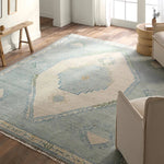 The hand-knotted Jinsen collection features a fresh incarnation of the vintage Turkish textile look. Classic in pattern and modern in color, the Alamo rug boasts a beautiful palette of cream, beige, gold, and brown, featuring distinct dye-lot details and subtle fringe. Amethyst Home provides interior design, new home construction design consulting, vintage area rugs, and lighting in the Miami metro area.