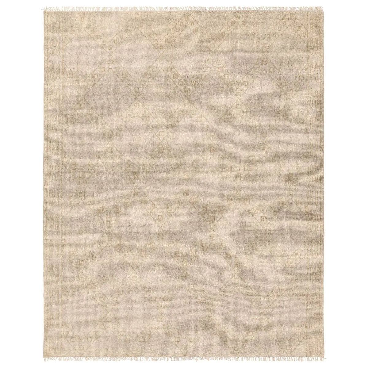 A stunning array of globally inspired designs in neutral tones define the handknotted Merzouga by Heja Home Milada. The Moroccan-inspired Milada design showcases geometric diamond pattern in cream and tan tones. The wool pile is soft underfoot and inherently stain-resistant. Amethyst Home provides interior design, new home construction design consulting, vintage area rugs, and lighting in the Alpharetta metro area.