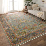 A bold colorway, high knot-count, and intricate designs define the handcrafted Novalie collection. The Elwood design features a medallion with sprawling florals and an intricate border. The blue, pink, green, gold, and gray colors provide visual intrigue and an updated traditional style. Amethyst Home provides interior design, new home construction design consulting, vintage area rugs, and lighting in the San Diego metro area.