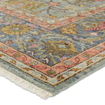 A bold colorway, high knot-count, and intricate designs define the handcrafted Novalie collection. The Elwood design features a medallion with sprawling florals and an intricate border. The blue, pink, green, gold, and gray colors provide visual intrigue and an updated traditional style. Amethyst Home provides interior design, new home construction design consulting, vintage area rugs, and lighting in the Scottsdale metro area.