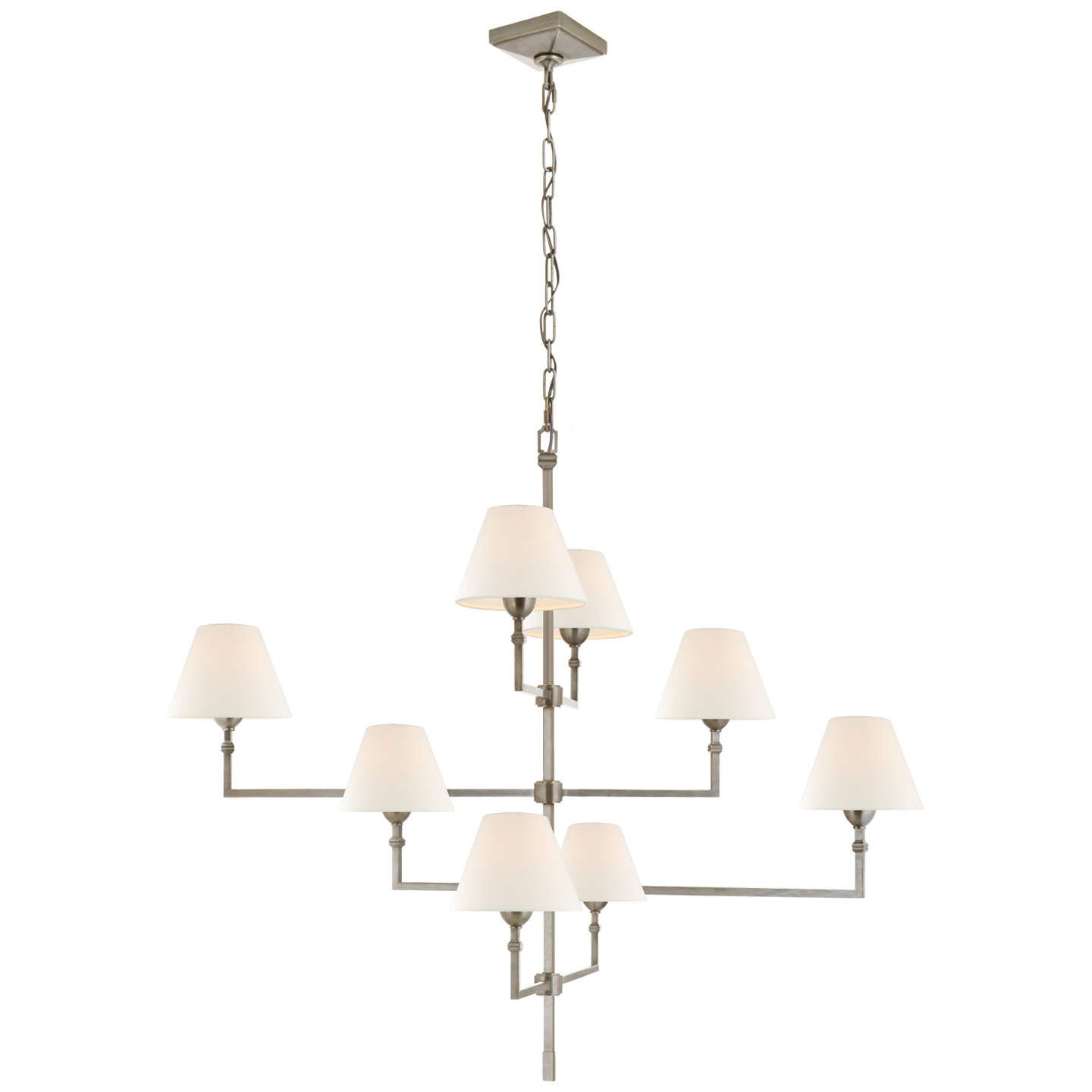 Featuring Jane Large Offset Chandelier by Visual Comfort at Amethyst Home. The gorgeous layers of linen shades on this Jane Large Offset Chandelier by Visual Comfort make it a classic, elegant piece to add to any living room, dining room, or other large area. 
Overall Dimensions: 47.75" L x 47.75" W x 41" HWeight: 48 lbs.  Amethyst Home provides interior design, new home construction design consulting, vintage area rugs, and lighting in the Park City metro area.