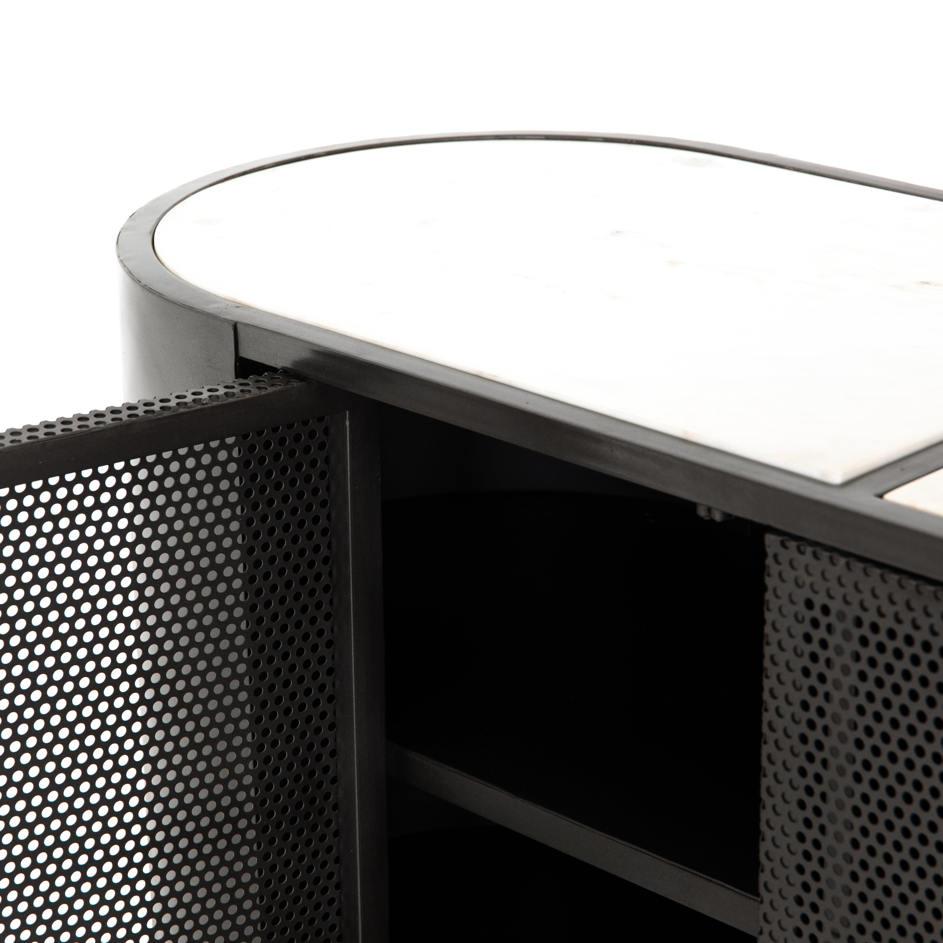 The Libby Media Console is sleek and practical, with it's black finish and polished white triptych-style marble top.  Size: 72"w x 17"d x 26"h Materials: Iron, Iron, Marble