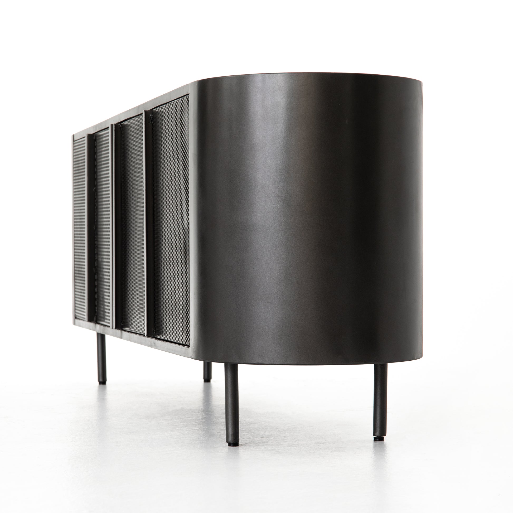The Libby Media Console is sleek and practical, with it's black finish and polished white triptych-style marble top.  Size: 72"w x 17"d x 26"h Materials: Iron, Iron, Marble