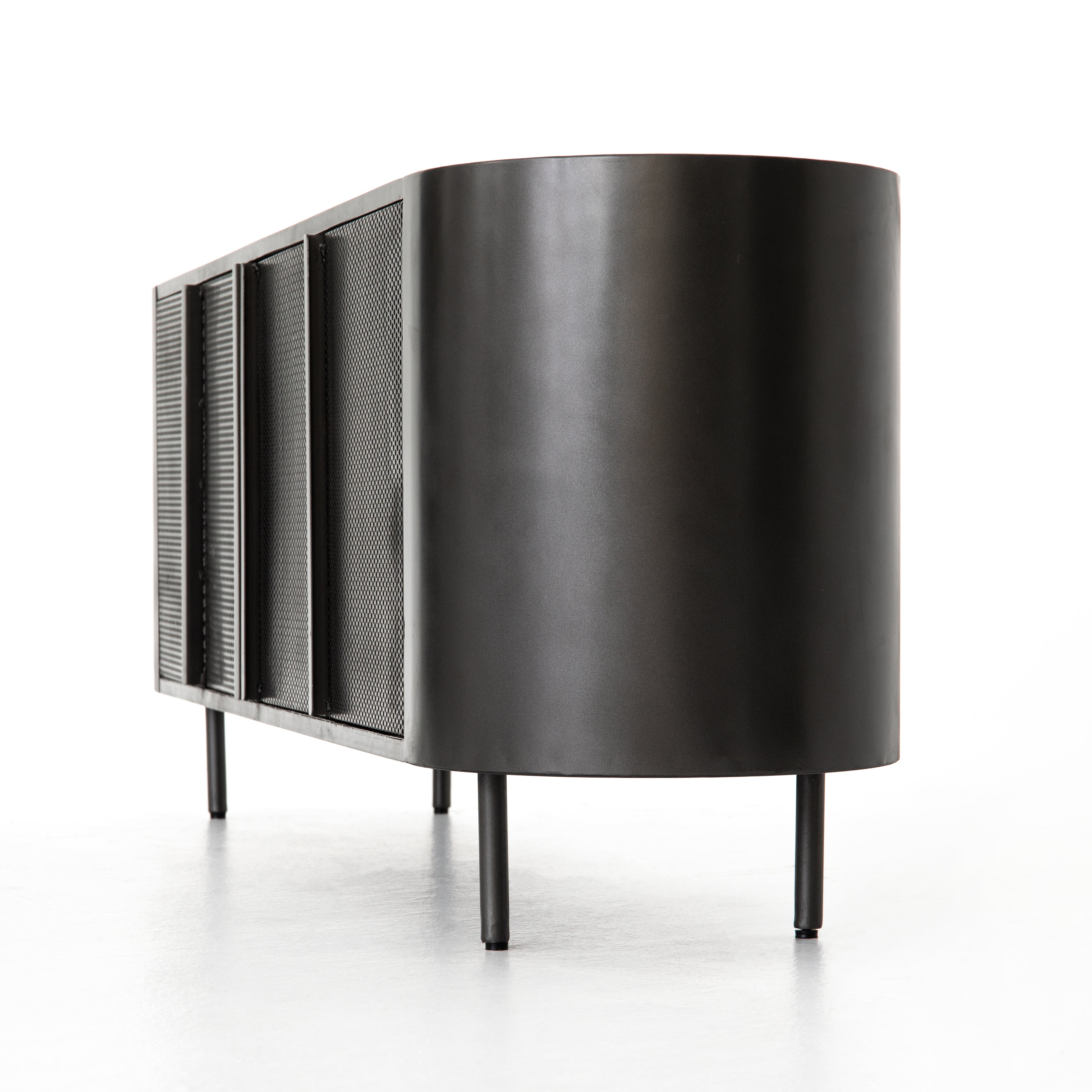 The Libby Media Console is sleek and practical, with it's black finish and polished white triptych-style marble top.  Size: 72"w x 17"d x 26"h Materials: Iron, Iron, Marble