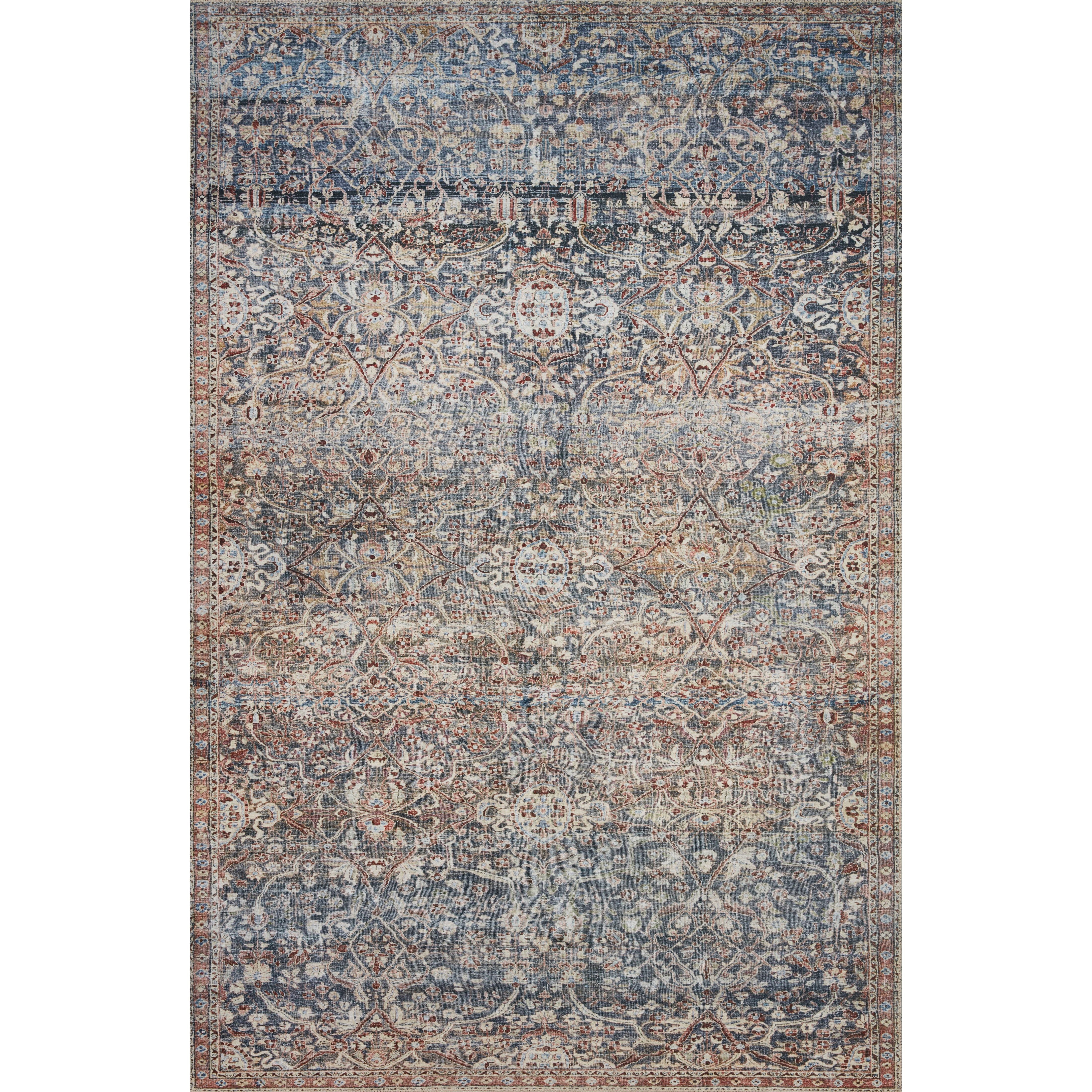 Durable, low pile, and soft underfoot, this rug is inspired by classic vintage and antique rugs. The Jules Chris Loves Julia Denim / Spice rug from Loloi features a beautiful vintage pattern and patina. The rug is easy to clean and maintain and perfect for living rooms, dining rooms, hallways, and kitchens!